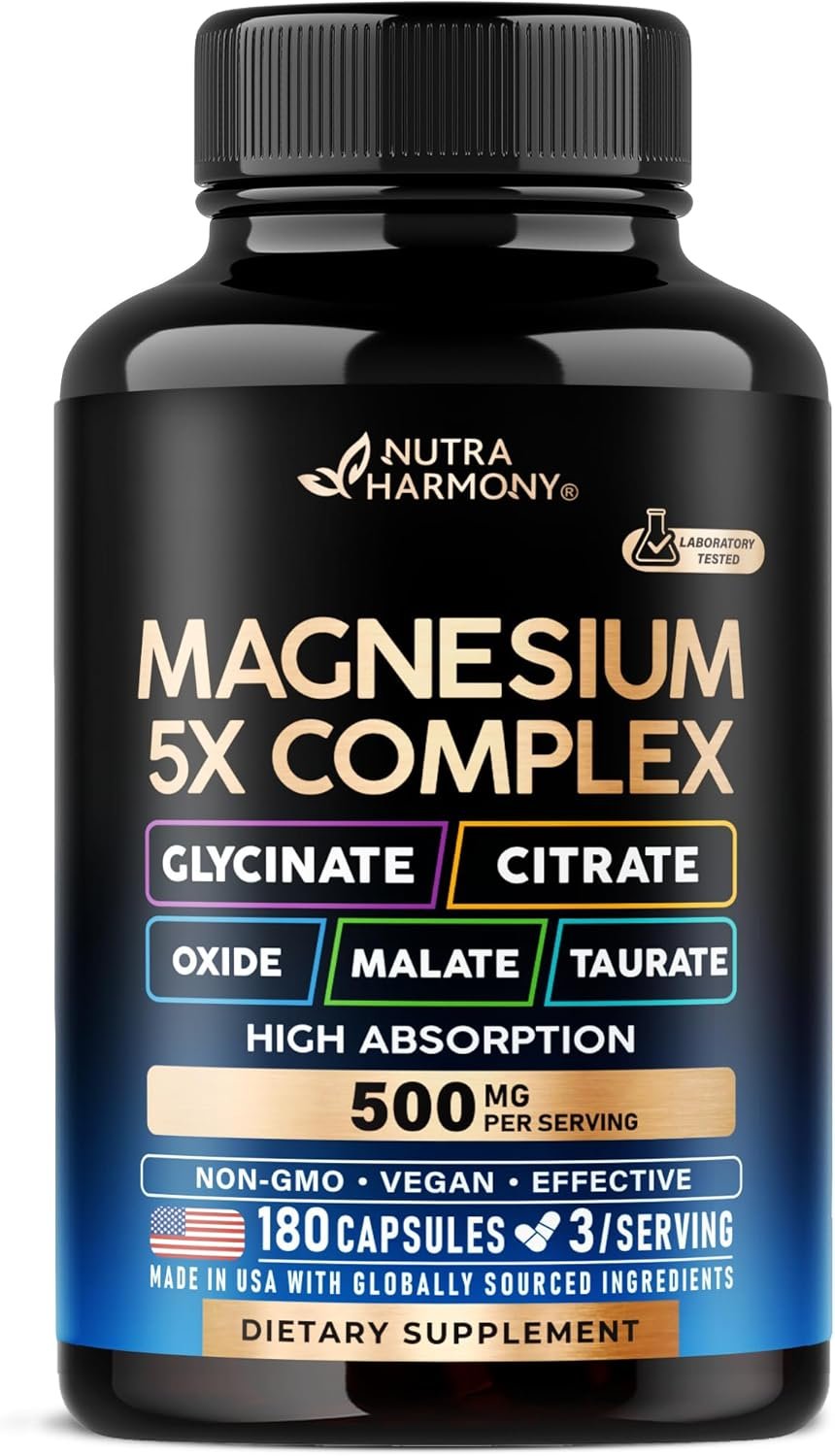 Magnesium Supplement – 5 in 1 Complex | Glycinate | Citrate | Malate | Taurate | Oxide – for Women & Men – Stress, Muscle & Heart Support – Vegan, Natural, Non-GMO – 180 Capsules, 2 Month Supply