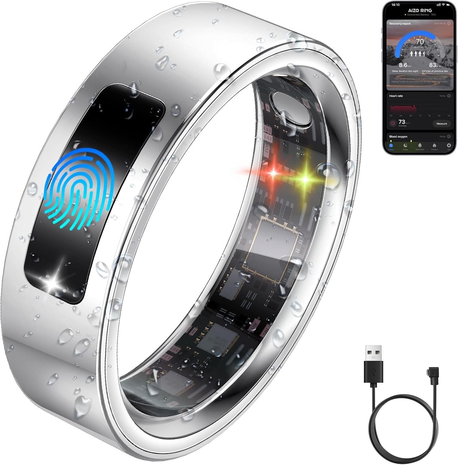 uaue Smart Health Ring for Women Men, Vibration Alert, Touch Control, Fitness Tracker Ring with Sleep/Women’s Health/Heart Rate/Steps, IP68 Waterproof for iPhone and Android, Silver 10,No Subscription
