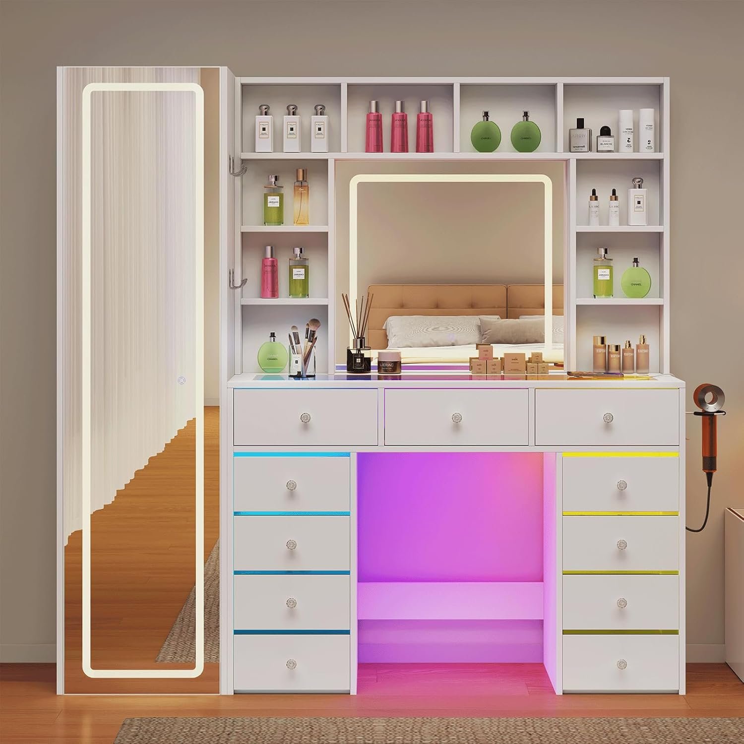 60.82″ Full Length Mirror Makeup Vanity Desk with Smart LED Mirror & Charging Station, Transparent Top with 11 RGB Drawers, 10 Shelves, 3 Lighting Modes & Adjustable Brightness, Vanity Woman, White
