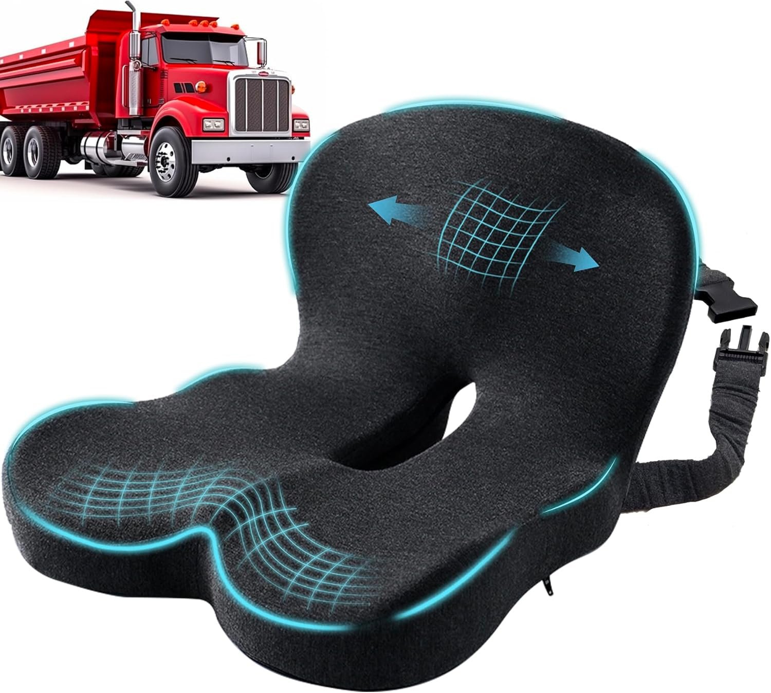 Ergonomic Seat Cushion with Adjustable Strap, Memory Foam Office Chair Seat Cushion with L-Shaped Design, Car Seat Cushion Fits for Truck Driver Semi Truck, Gaming Chair, Desk, Dark Gray