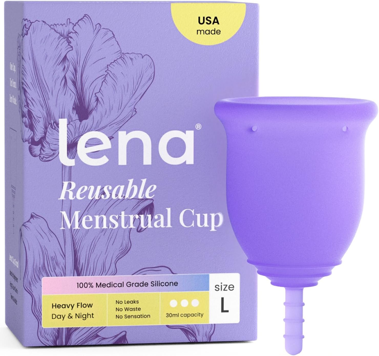 Lena Menstrual Cup Original – Soft Reusable Medical-Grade Silicone Period Cups for Women Heavy Flow, Comfortable 12-Hour Leak-Free Protection, Beginner-Friendly Feminine Care – Large, Purple