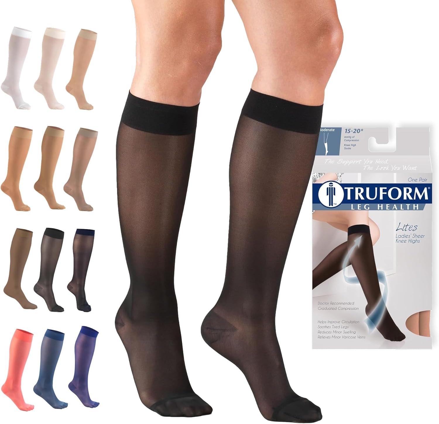 Truform Sheer Compression Stockings, 15-20 mmHg, Women’s Knee High Length, 20 Denier, Black, Medium