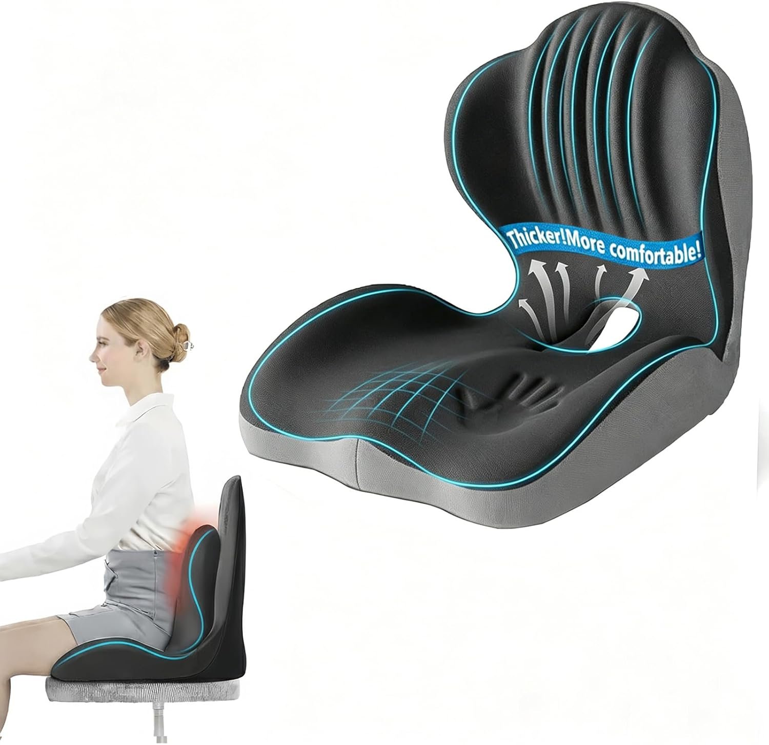 Ergonomic L-Shaped Memory Foam Seat Cushion with Lumbar Support, Designed to Help Relieve Tailbone, Coccyx & Lower Back Pain for Office,Truck, Car & Travel (Grey)