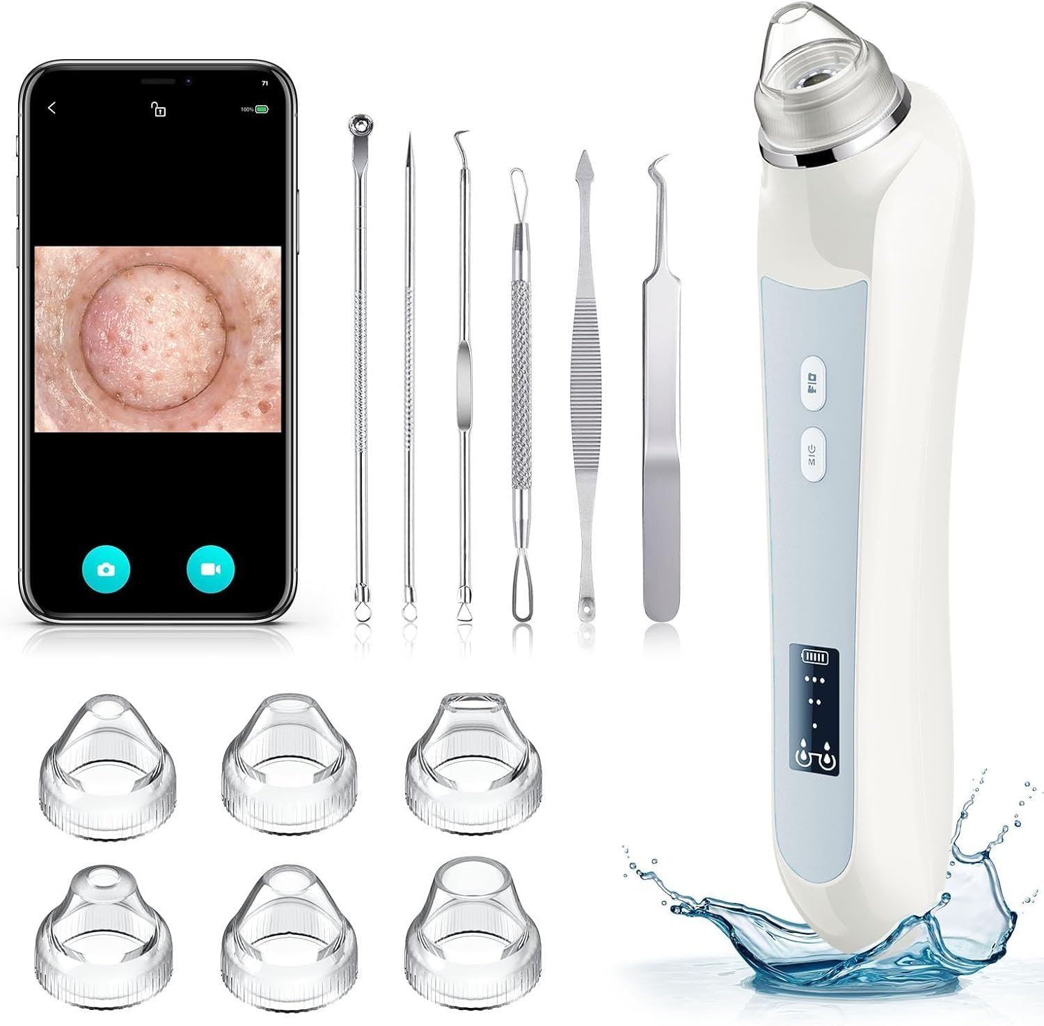 Facial Pore Blackhead Remover Vacuum, 1080P Camera Blackhead Remover, 20x Zoom, 8 LEDs ＆ 3 Suction Modes, 800mAh Battery & USB – 6 Heads Pore Cleaner Kit for Women&Men(White)