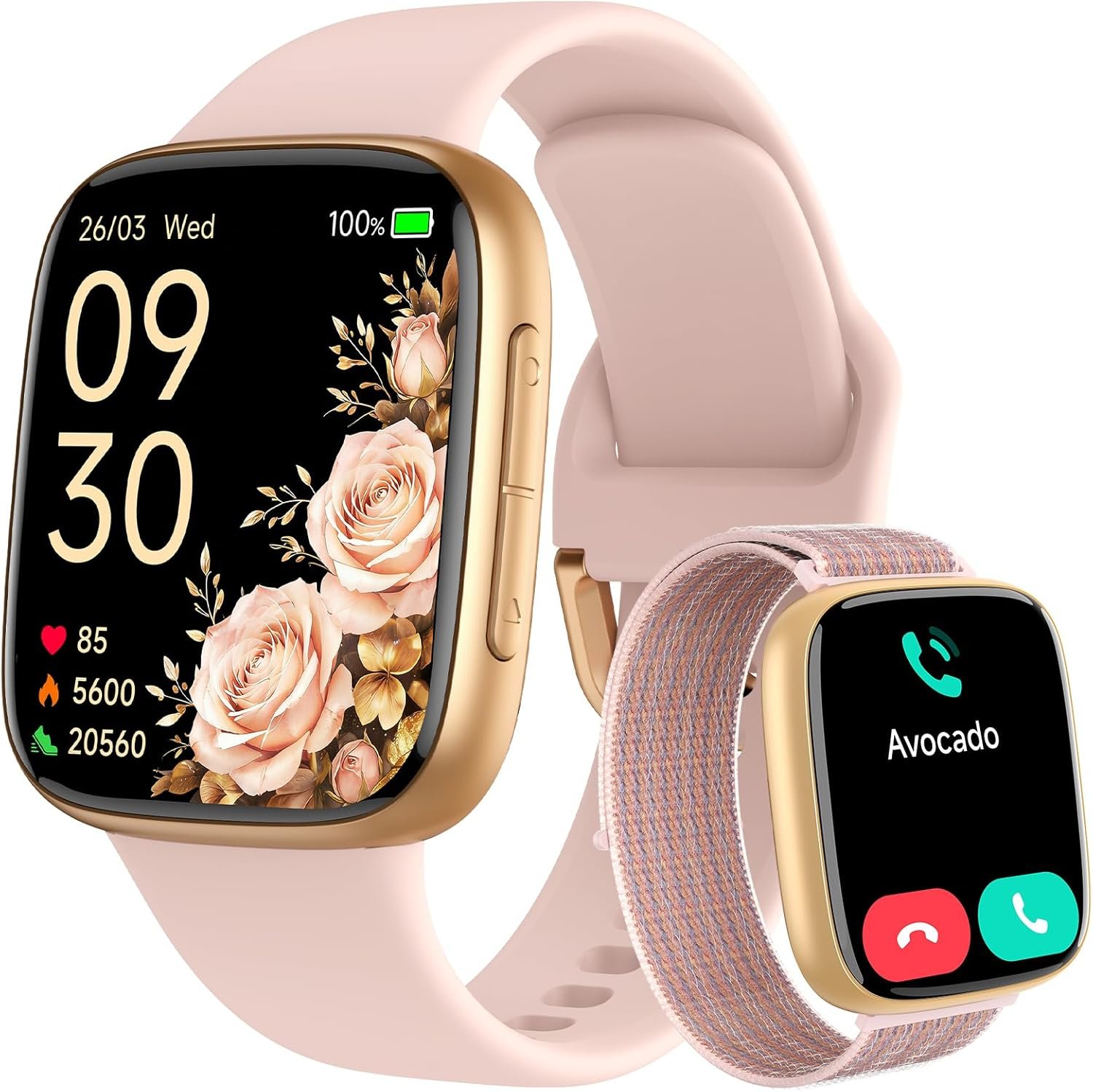 Smart Watch for Women, Answer/Make Call, 1.85″ AMOLED Always-On Screen Smartwatch for iPhone & Android, 3ATM Waterproof Fitness Tracker with Heart Rate/Sleep/SpO2 Monitor, 120+ Sport Modes, 2 Bands