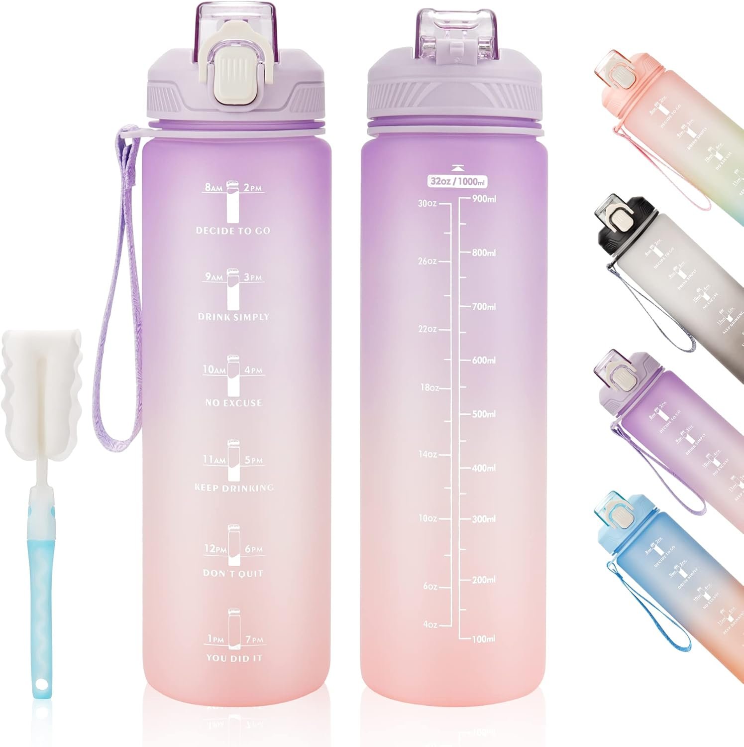 YC Kitchen Motivational Water Bottle with Time Marker- 32oz Water Bottles with Times to Drink, Leakproof & BPA Free Sports Water Bottle with Straw & Carry Strap for Fitness, Gym, and Outdoor Sports
