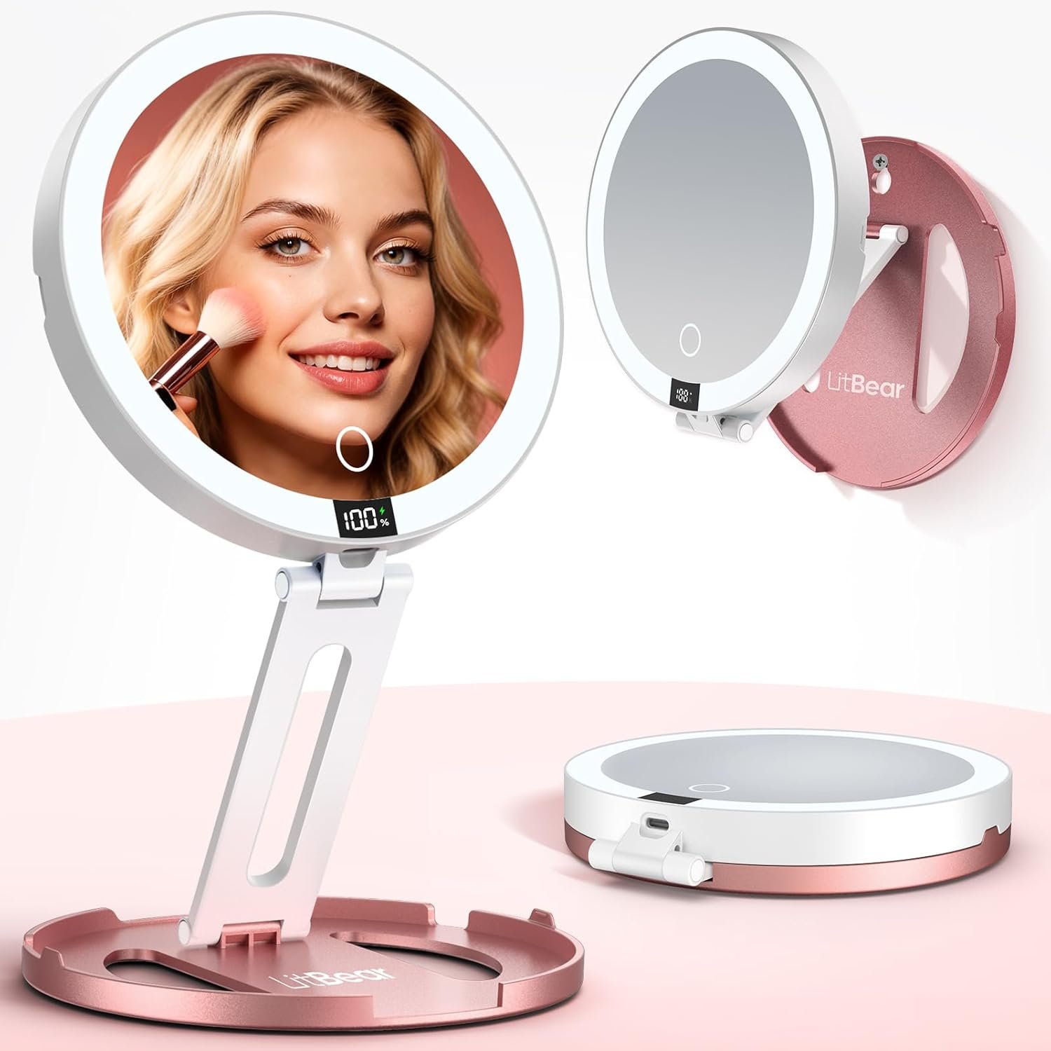 LitBear Travel Mirror with Lights, Foldable Double-Sided 10X/1X Magnifying Mirror, Rechargeable & Portable Lighted Makeup Mirror for Beauty, 3 Color Lighting, Dimmable Touch Screen, Smart Display