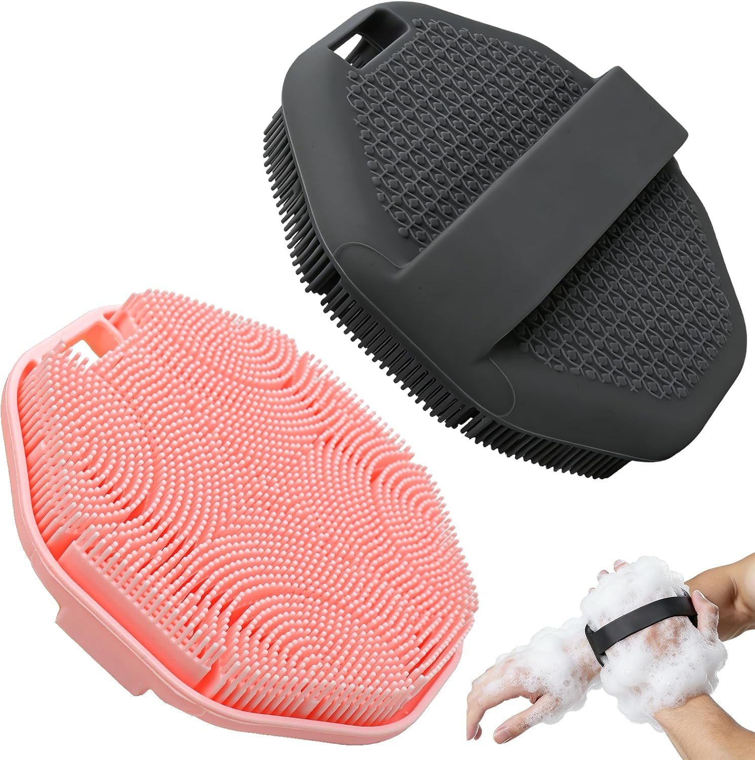 2-Pack Silicone Body Scrubber Shower Brushes,Exfoliating Body Scrubber for All Skin Type, Eco Friendly Shower Scrubber for Body, Soft Silicone Loofah for Men & Women (Pink & Black)
