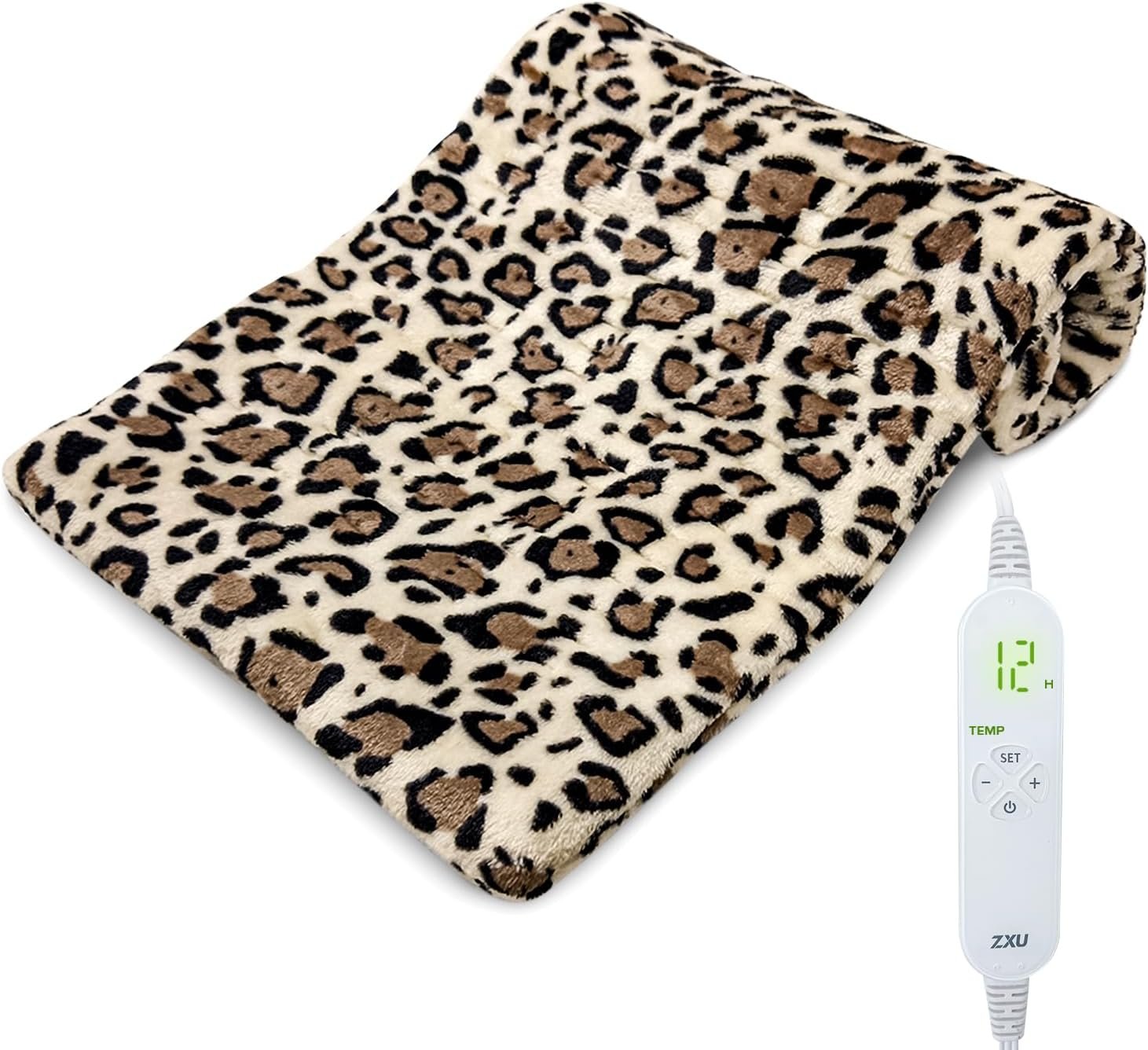 ZXU Heating Pad for Back Pain and Cramps Relief, Ultra Soft Microplush Heating Pad with 12 Heat Setting,Moist Heat ，1-24Hour Auto Shut Off, Stay on Function Hot Heated Pad (Leopard Print) 12” x 24”