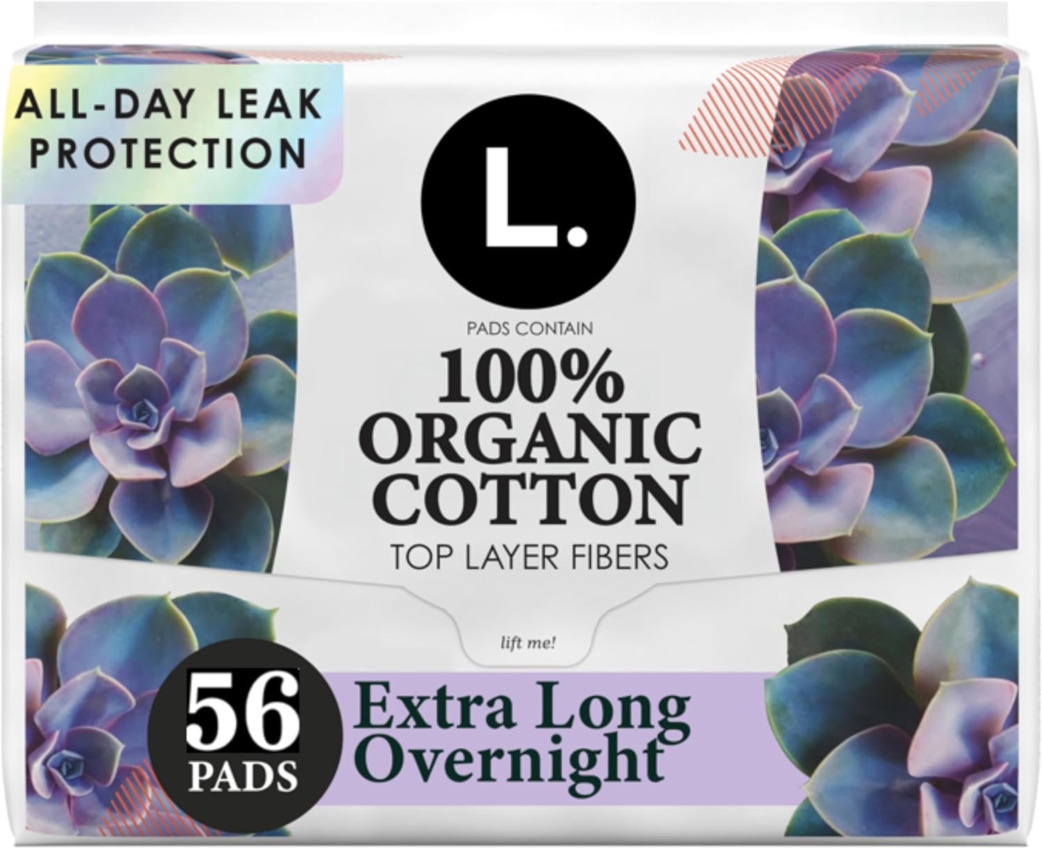 L. Extra Long Maxi Pads for Women, Overnight Absorbency, Organic Cotton Top Layer, Unscented Pads with Wings, 56 Count (2 Packs of 28)