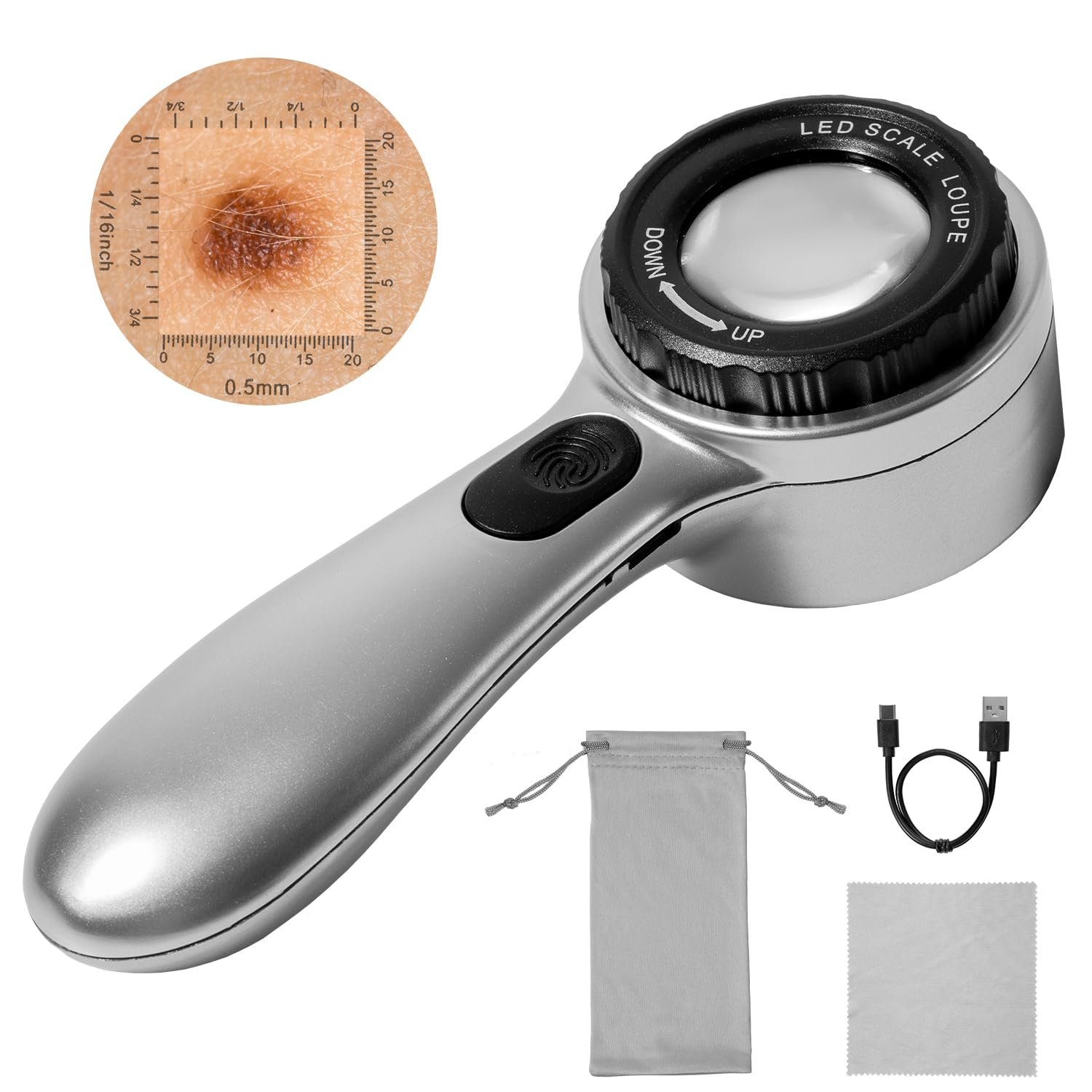 Portable dermatoscope, Rechargeable Handheld Skin Analyzer, 30x Magnifying dermatoscope with 4 Lighting Effects, Comes with a Storage Bag, Charging Cable, and Lens Cleaning Cloth