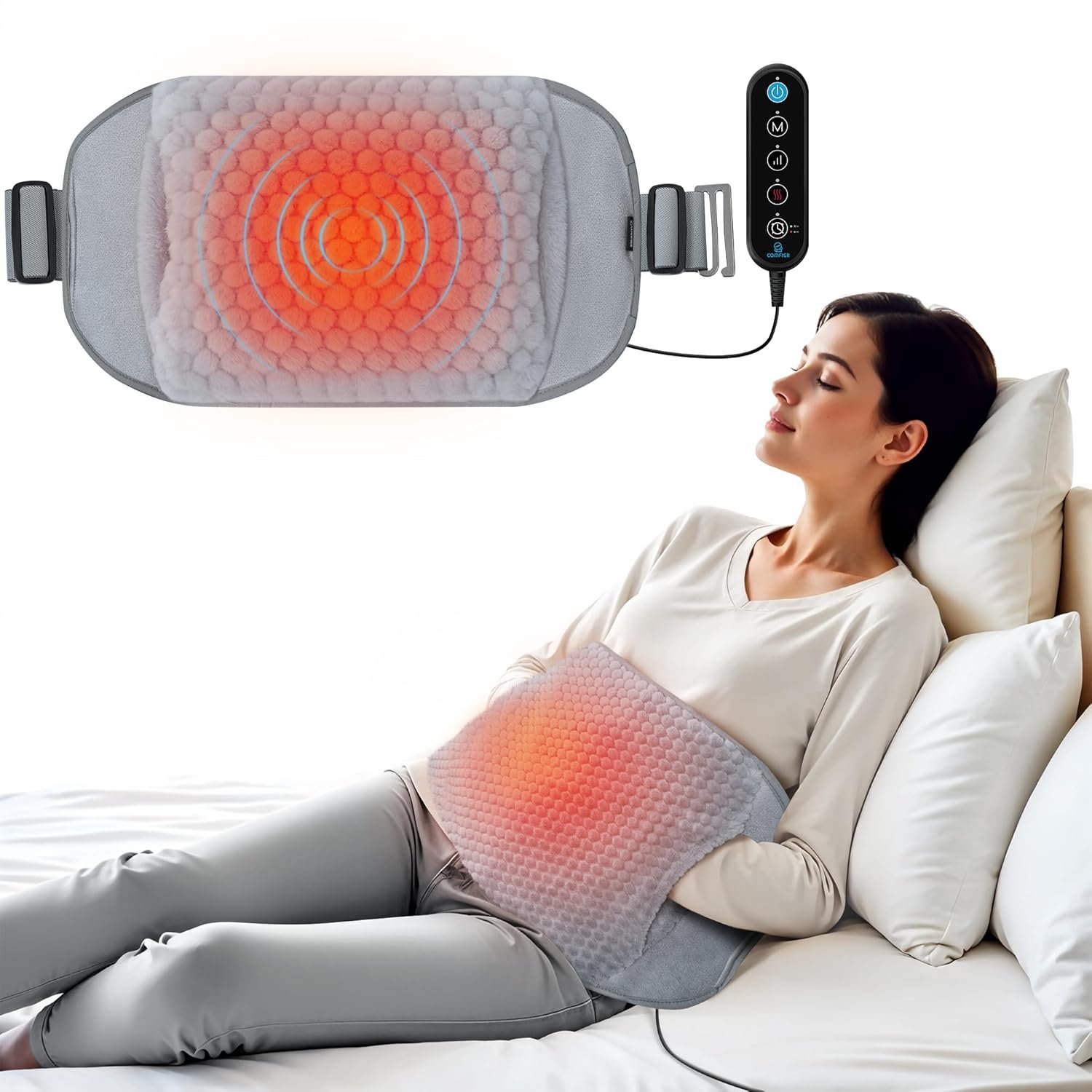 COMFIER Heating Pad with Massager for Back Pain,Extra Large Size Heating Pads for Cramps,Auto Shut Off, Corded Heated Waist Belt with 3 Vibration Modes, Mothers Day Gift, Dark Grey
