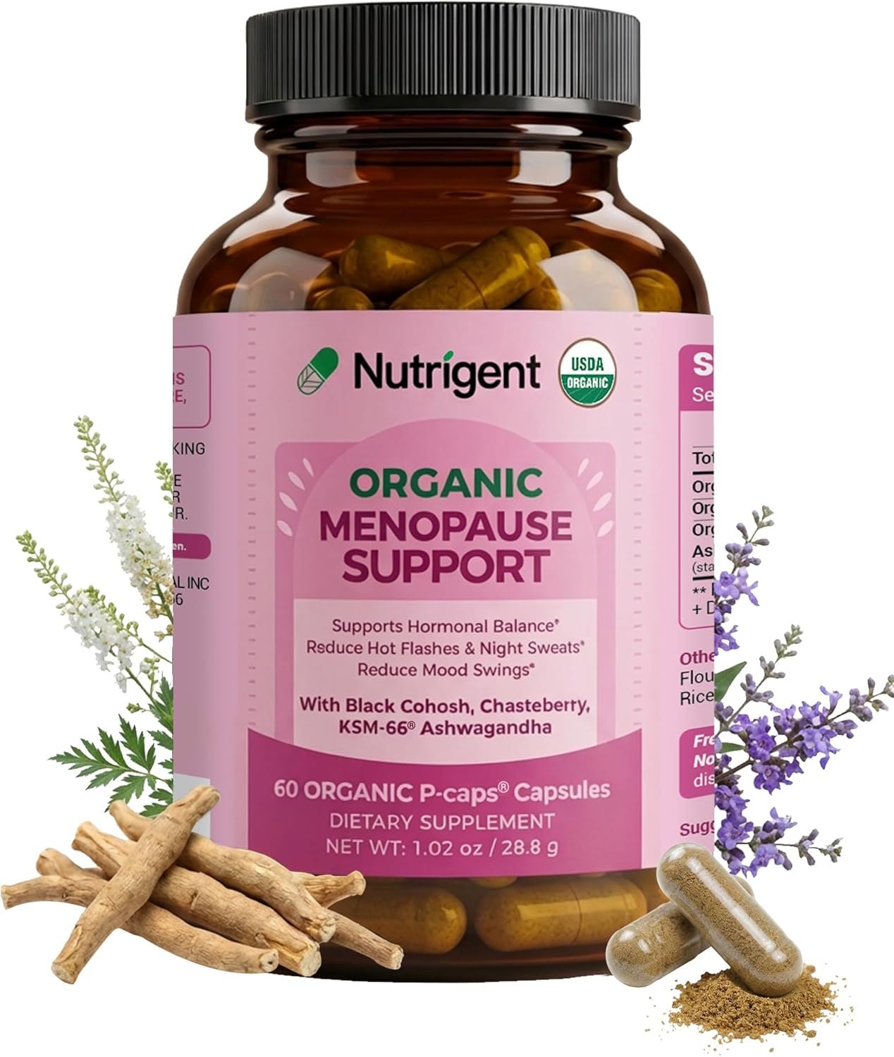 USDA Organic KSM-66 Ashwagandha, Vitex Berry & Black Cohosh, Menopause Support Supplement for Women, Natural Relief for Hot Flashes, Night Sweats & Mood Swings, Hormone-Free (60 CT)