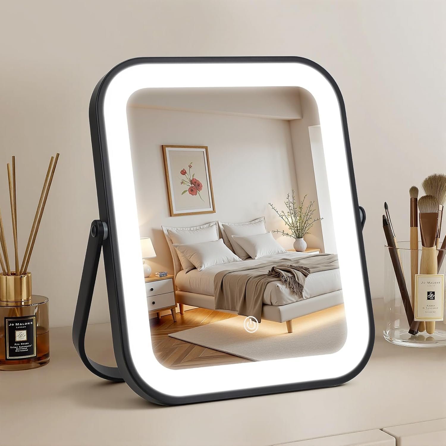 Rechargeable Vanity Mirror with Lights, 10″×8″ Makeup Mirror with Lights, 1500mAH Battery, Smart Touch with 3-Color Lighting, Dimmable, HD Desk Mirror, Travel Essentials, Women Gift (Black)