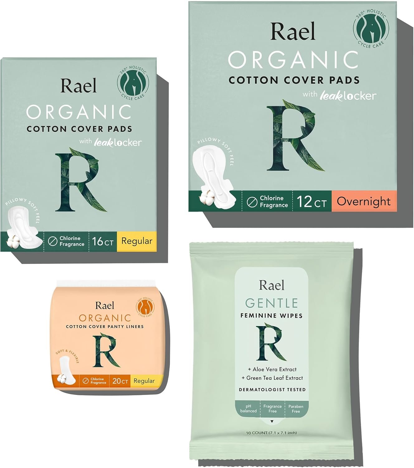 Rael Feminine Care, Period Essential for Women – Organic Cotton Cover Regular & Overnight Pads for Women, Regular Panty Liners and Feminine Wipes