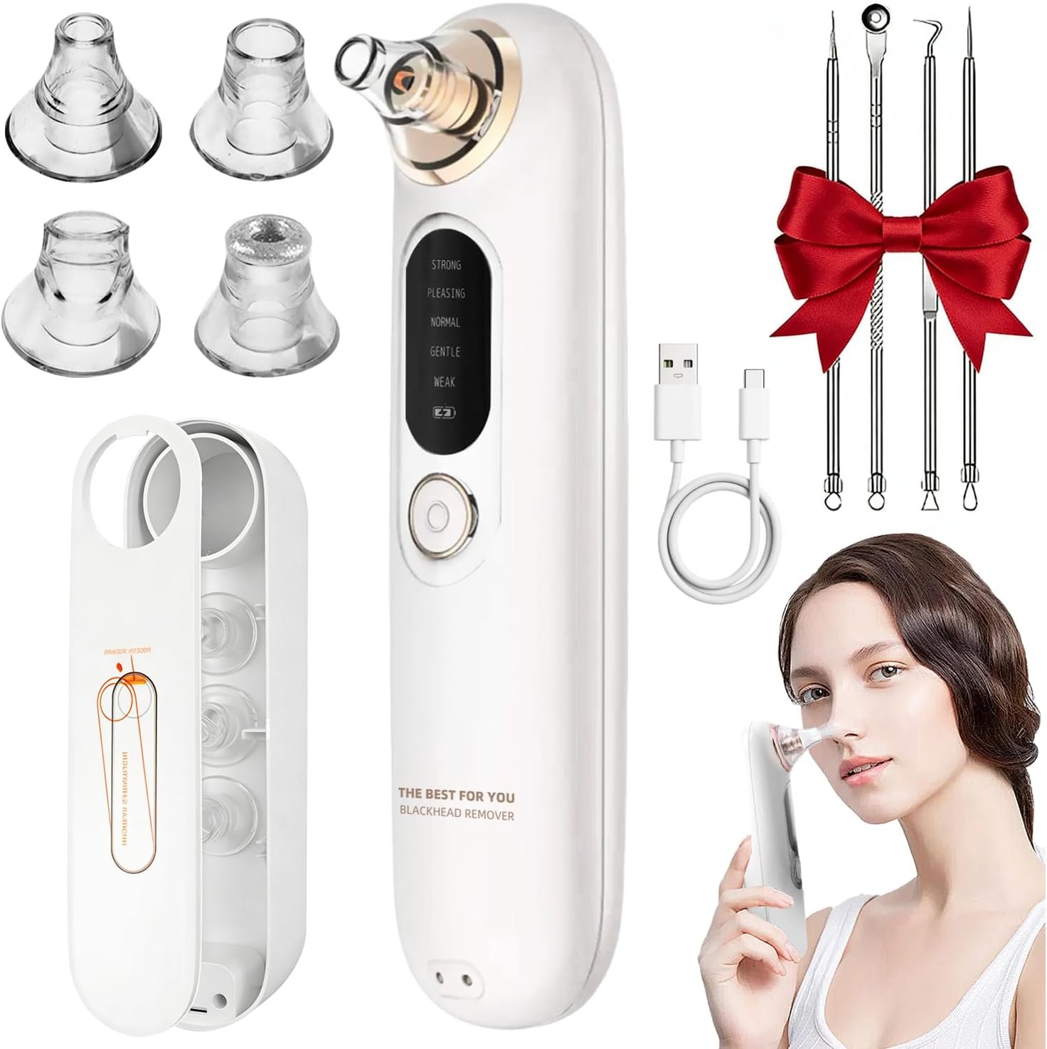 2026 Upgraded 5-Speed ​​Blackhead Remover Vacuum, Type-C Rechargeable Blackhead Extractor with 4 Removable Heads, Black Head Extractor Tool for Women and Men, White Heads Removal for Face & Nose