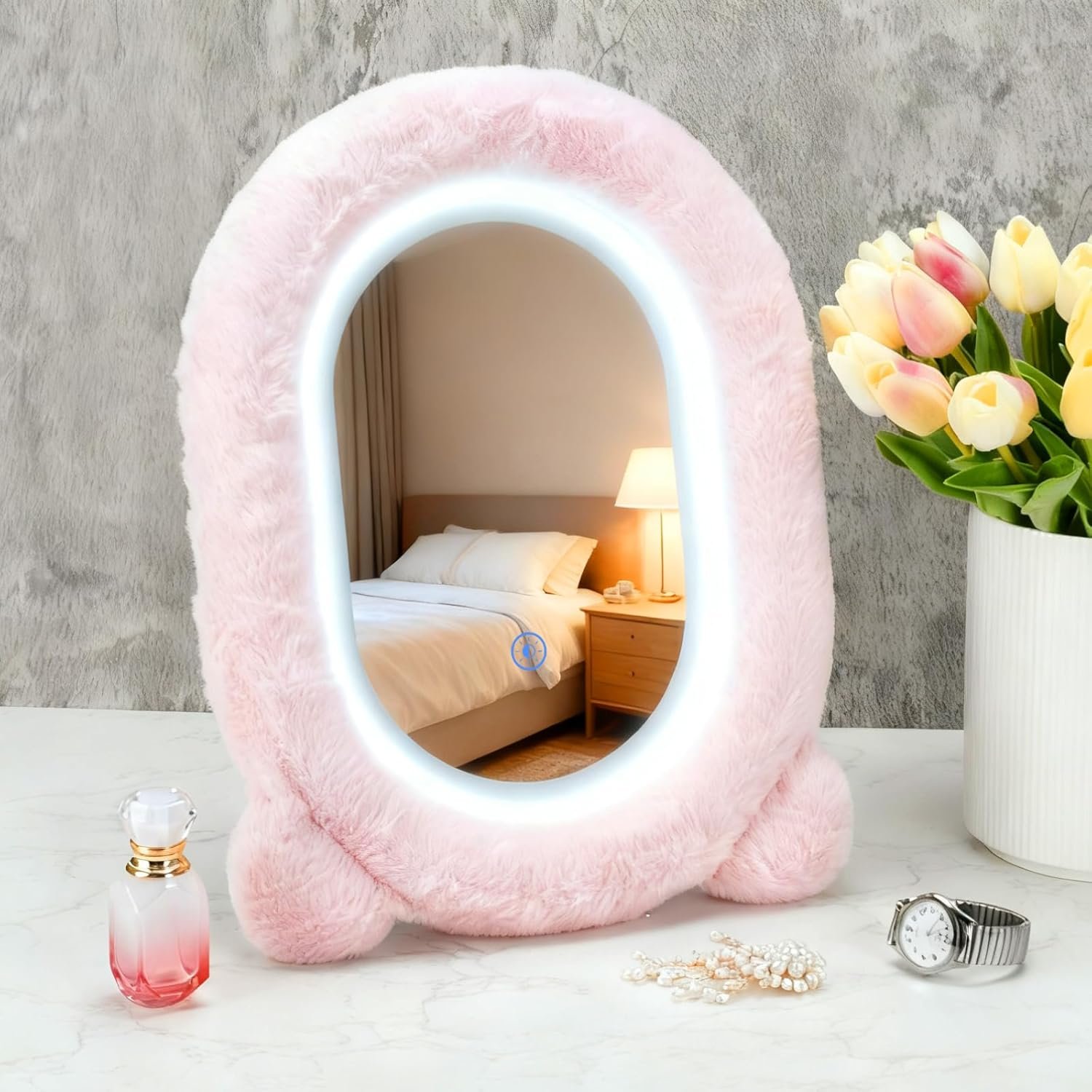 Lighted Makeup Mirror, 12”x16” Vanity Mirror with 3 Colors, Fur Wrapped Cosmetic Light Up Mirror Smart Touch Dimmable 3 Modes Light Tabletop Compact Mirror for Women Girlfriend Gift (Pink)