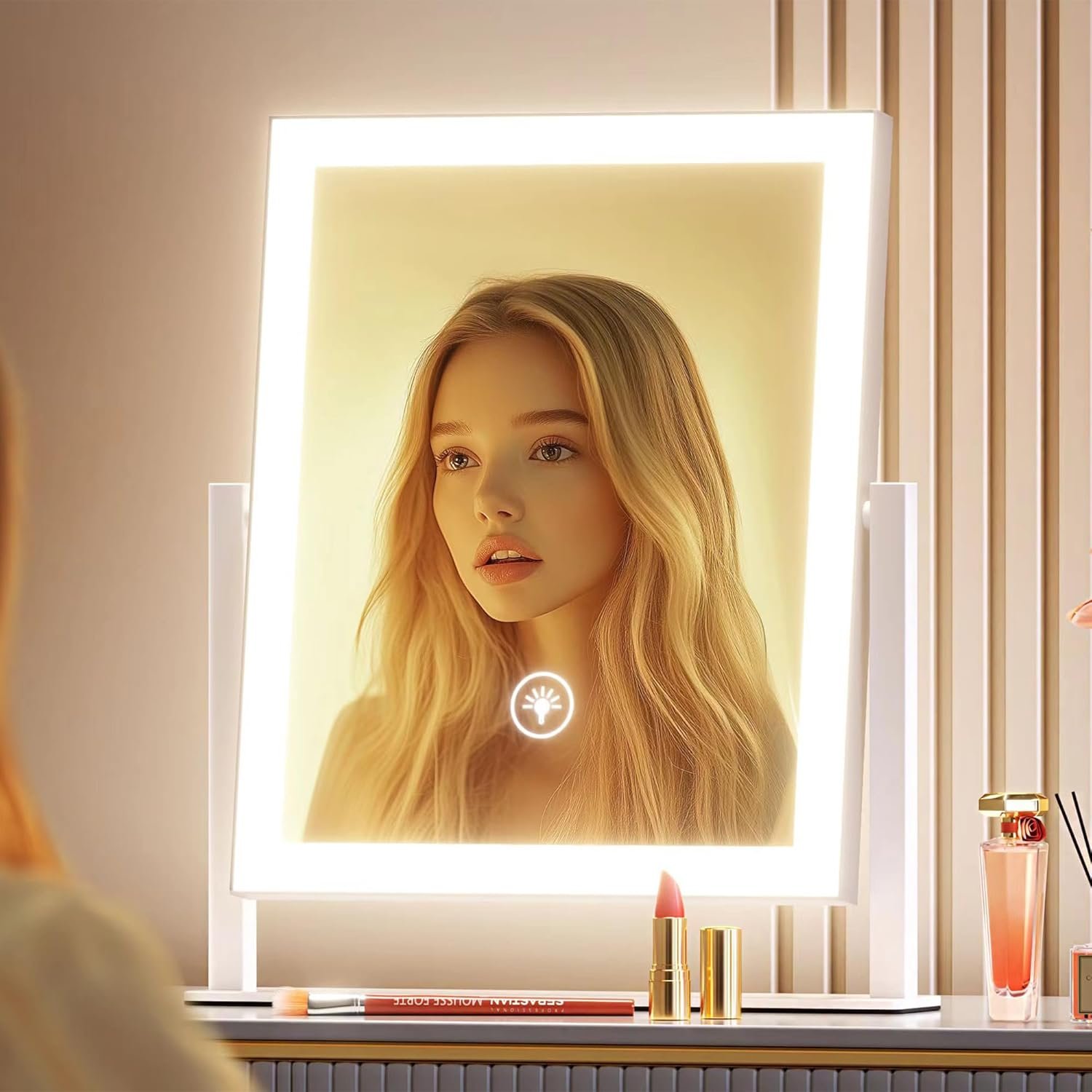 Gvnkvn 15.2″ Lighted Makeup Mirror Hollywood Vanity Mirror with Lights, Three Color Modes,Detachable 10X Magnification Mirror, Smart Touch Control, 360°Rotation White