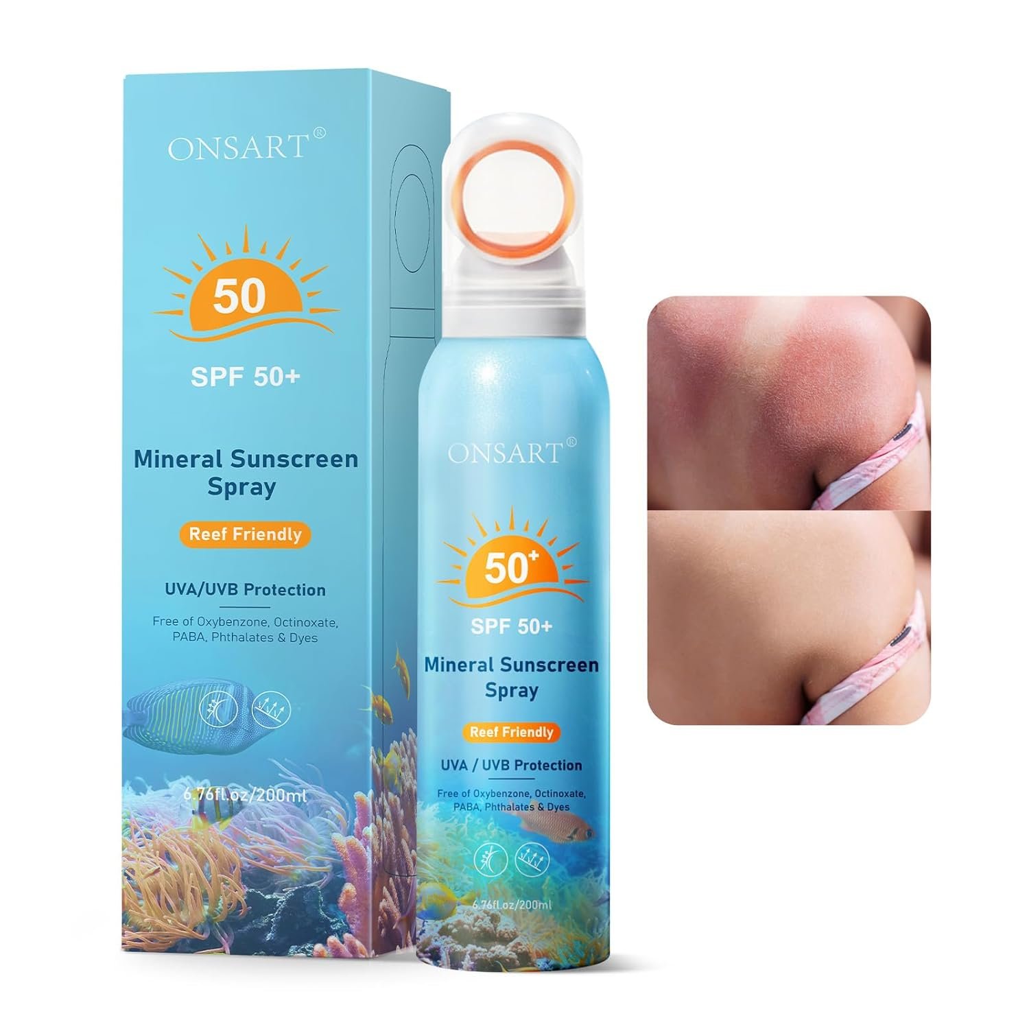 Reef Safe Sunscreen Spray SPF 50, Zinc Oxide Mineral Sunscreen Spray, Broad Spectrum UVA/UVB Protection, 360° Spray, Lightweight & Water Resistant, 6.76oz/200ml