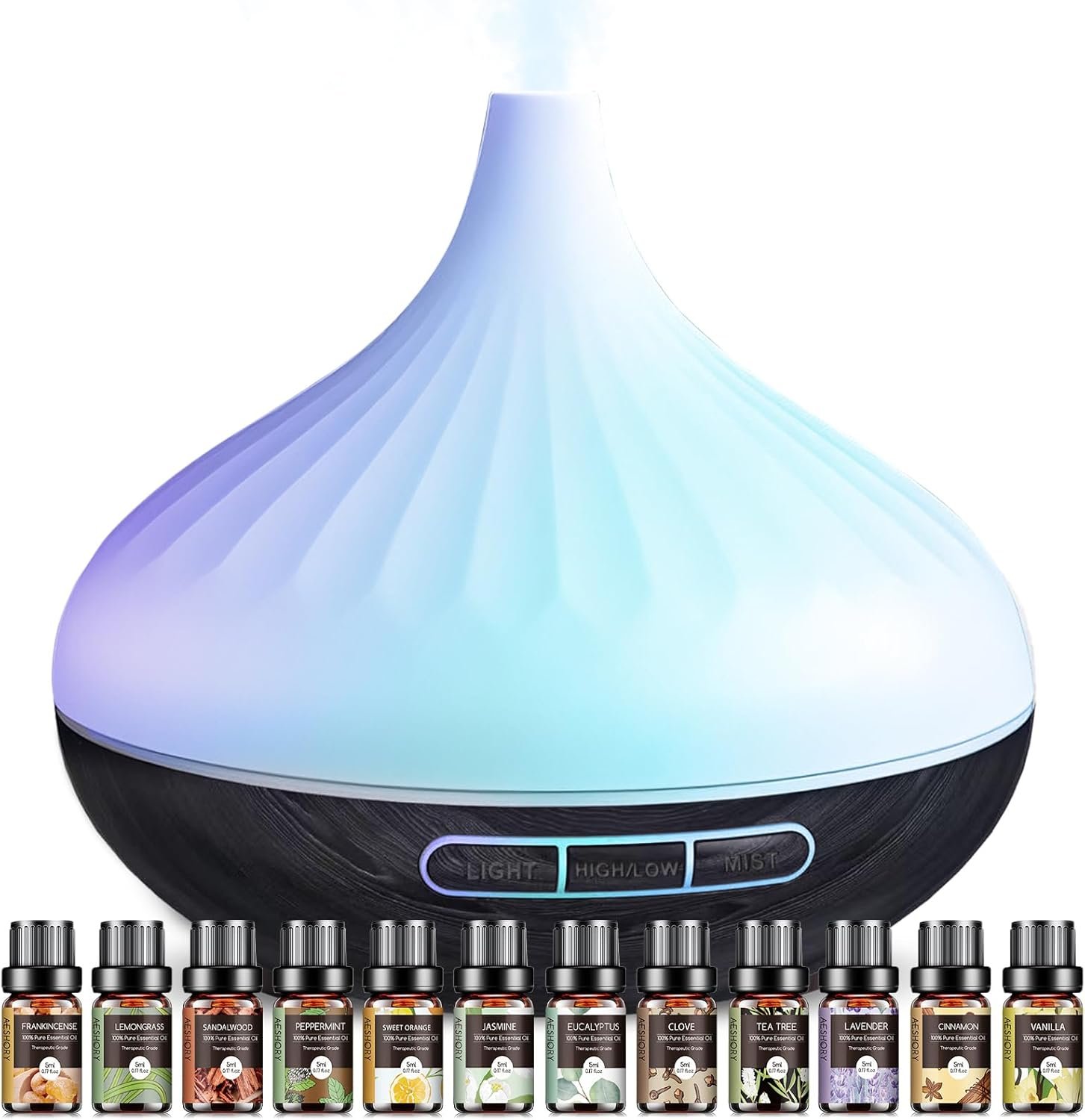 Aroma Diffuser & 12 Pcs Organic Essential Oils Set for Room, 500 ML Ultrasonic Diffuser for Home Cool Mist Humidifier with 14 Colour Changes, Timer and Auto-Off Function