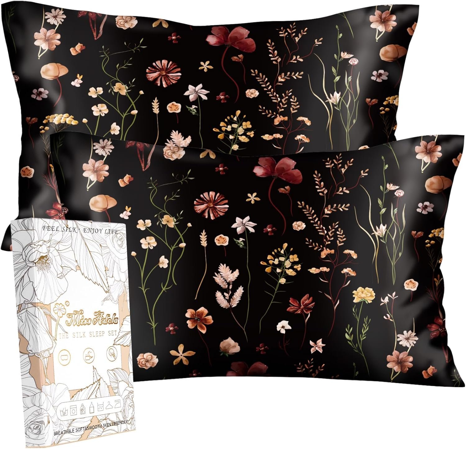 Miss Adola 2 Pack Mulberry Silk Pillowcase for Hair and Skin – Standard Size 20 x 26 Inches with Hidden Zipper BK Grow Flower 19 Momme Soft Sleeping Silk Pillow Case for Women, Moms