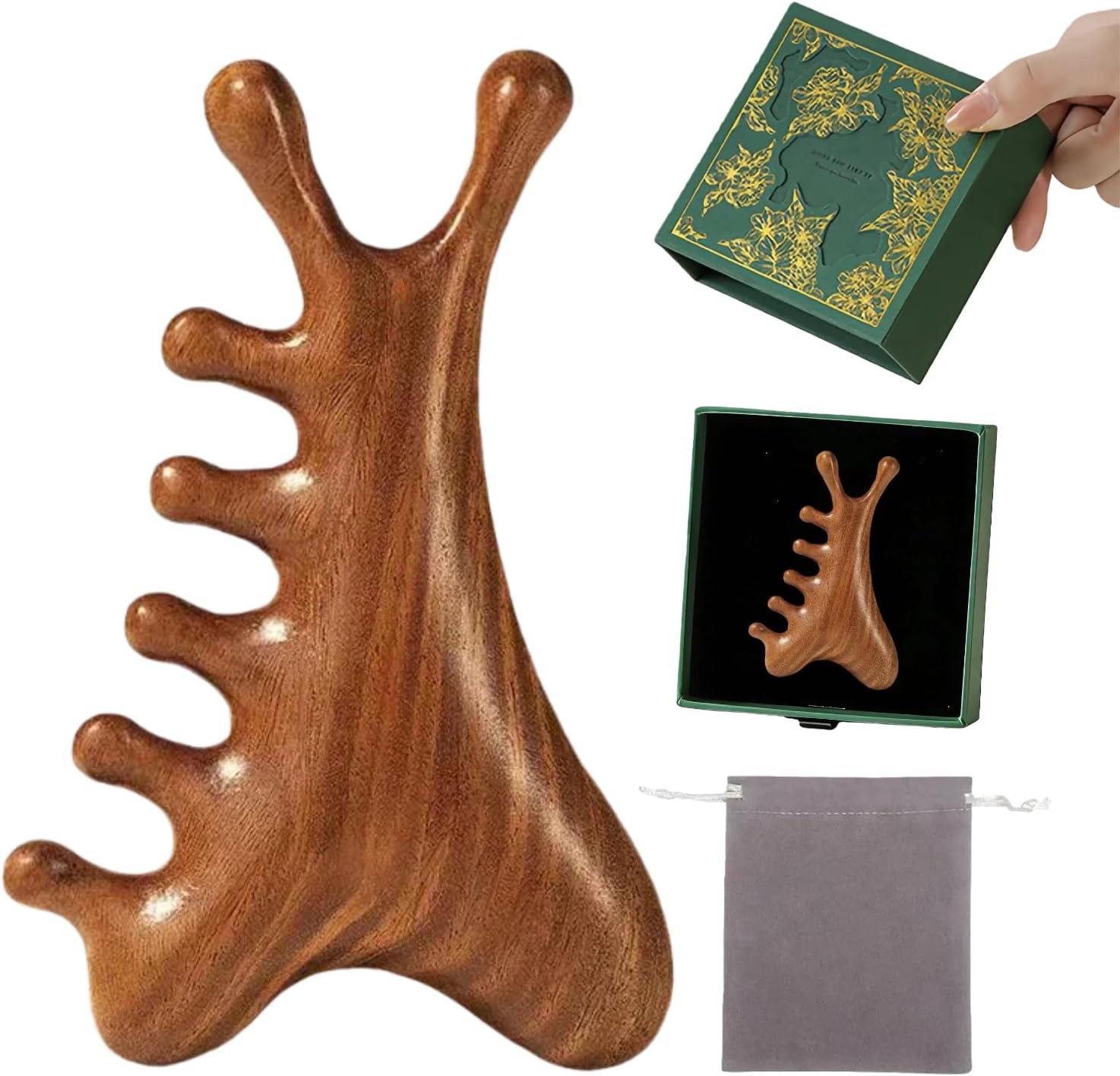 4-in-1 Sandalwood Gua Sha Tool – Valentines Day Gifts for Women, Mom, Wife, Girlfriend | Wooden Scalp & Face Massager for Lymphatic Drainage, Stress Relief | in Floral Gift Box