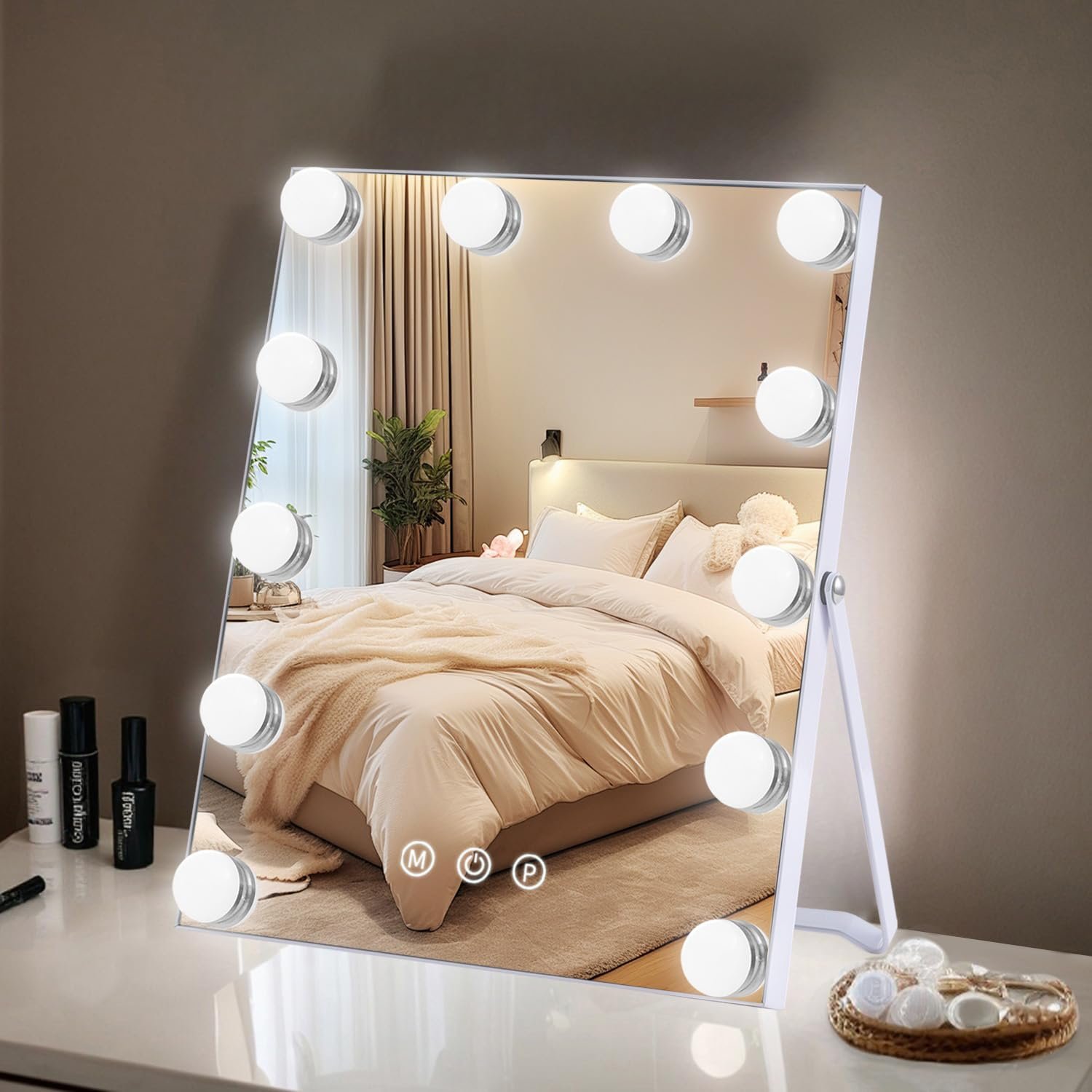 Makeup Mirror, Vanity Mirror with Lights, Hollywood Mirror with 12 Dimmable Bulbs, 3 Color Modes and 12 Dimmable Bulbs, Smart Touch Control, Gifts for Women