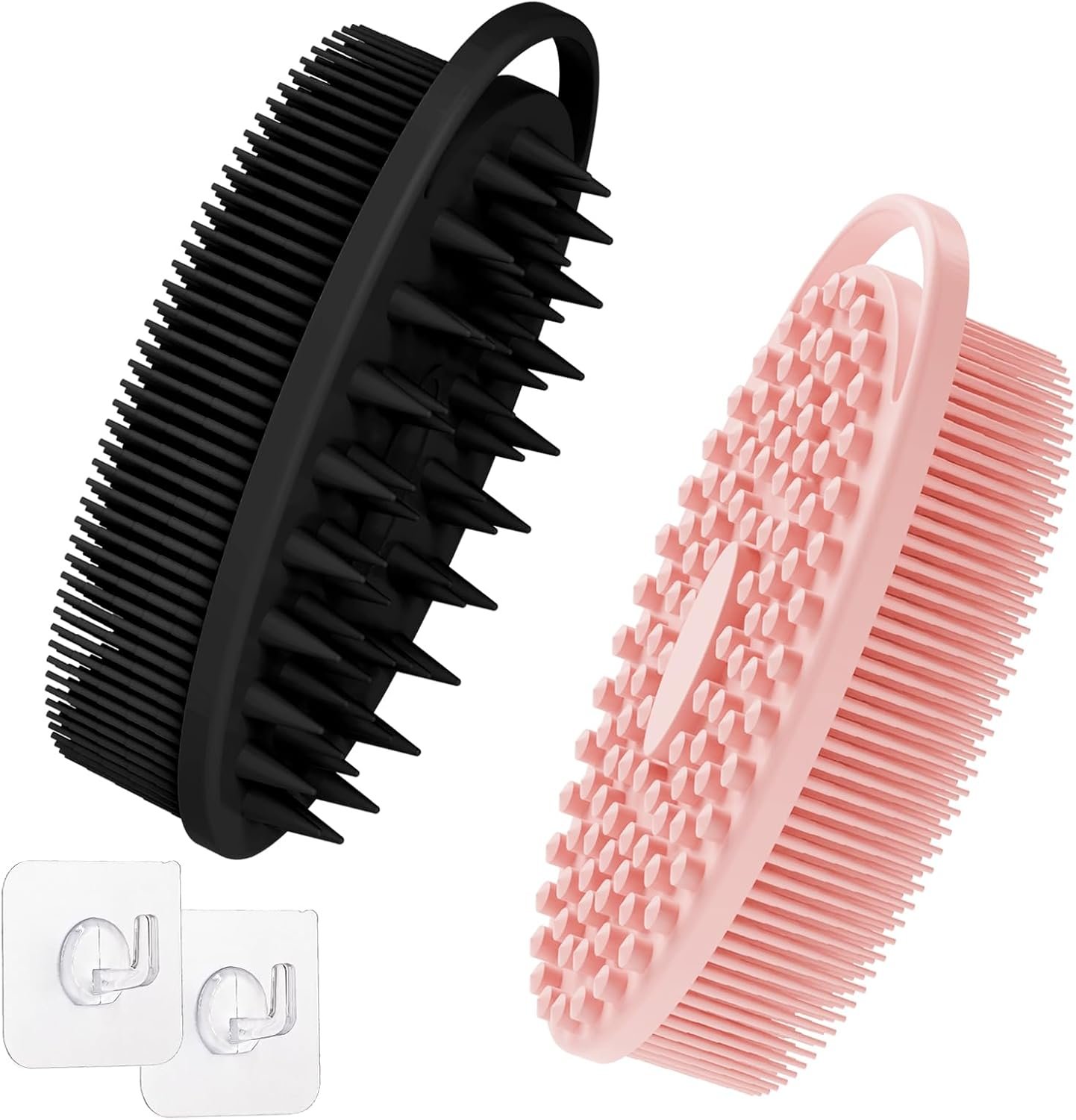 Soft Silicone Body Scrubber Set, 2PCS Dual-Side Silicone Loofah for Gentle Exfoliating and Scalp Massaging, Hygienic Shower Scrubber Shampoo Brush for Kids, Women, Sensitive Skin(Black+Pink)