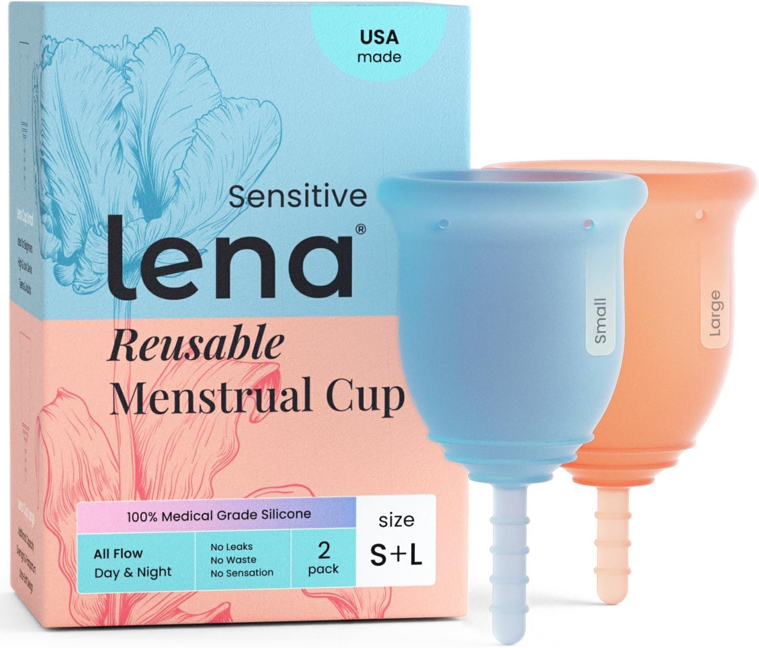 Lena Sensitive Menstrual Cups 2-Pack Ultra-Soft Set (Small & Large) Medical-Grade Silicone Period Cups for Women Heavy Flow, Reusable and Comfortable 12-Hour Leak-Free Protection & Feminine Care