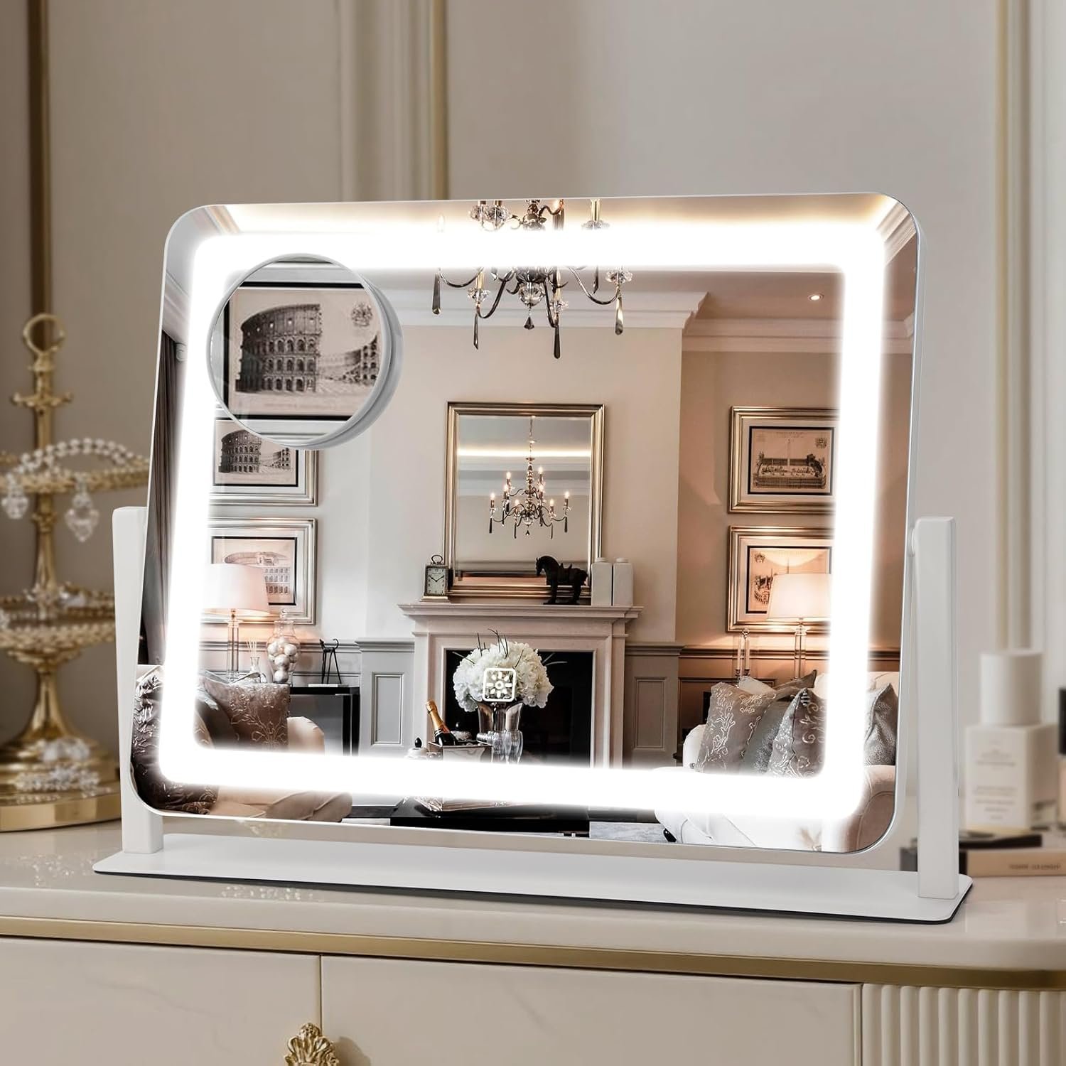 Vanity Mirror with Lights, 16″×12.4″ LED Makeup Mirror, Rounded Frame, 10X Magnification, Smart Touch with 3-Color Lighting, Dimmable, 360° Rotation, Lighted Up for Makeup Desk, Bedroom (White)