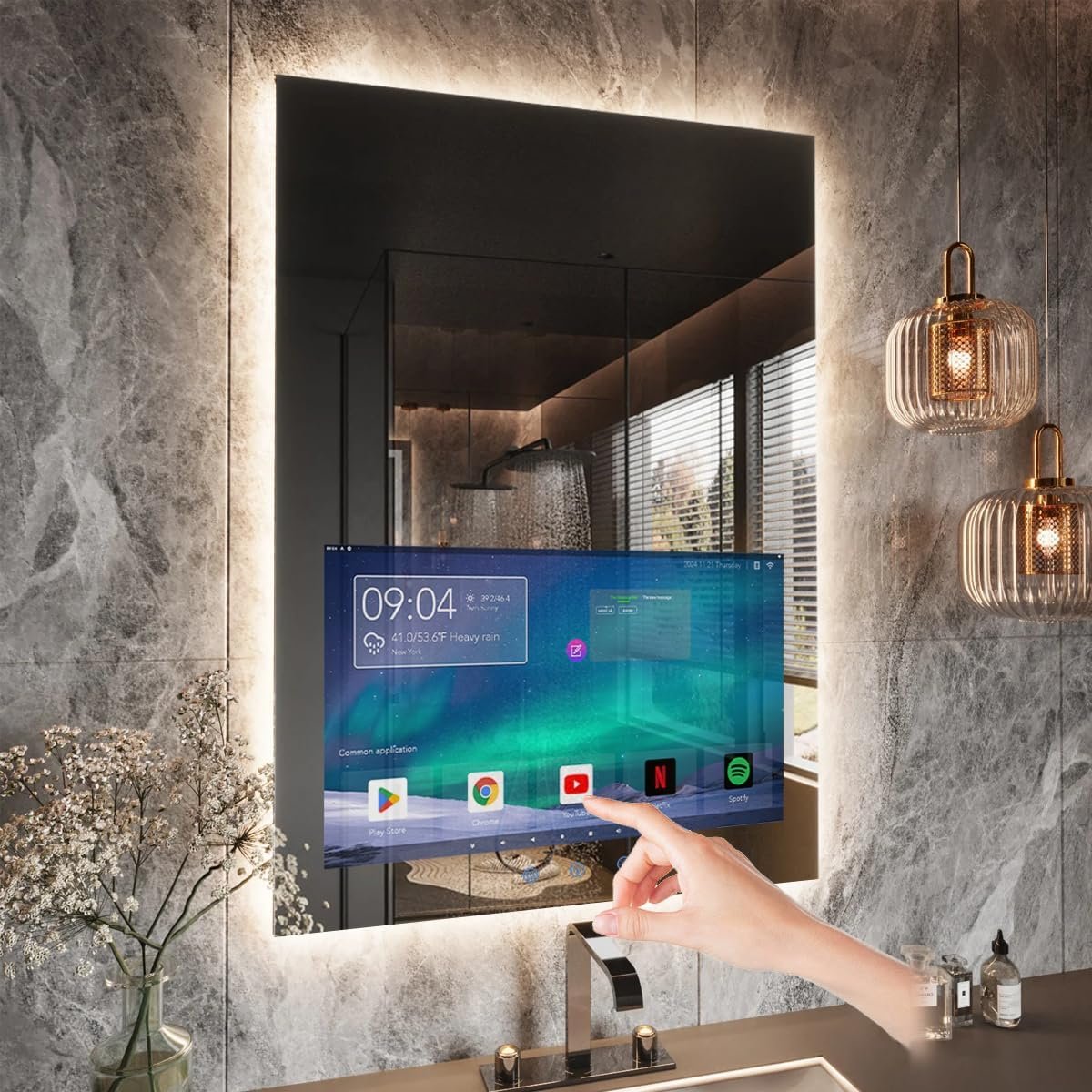 Haocrown 24×32 Inch Bathroom Vanity Mirror with 21.5″ Touch Screen Smart System, Side-Lit LED Ambient Lighting, IP66 Waterproof & Anti-Fog, Streaming Apps, Wi-Fi Bluetooth HDMI, Wall Mounted (2025)