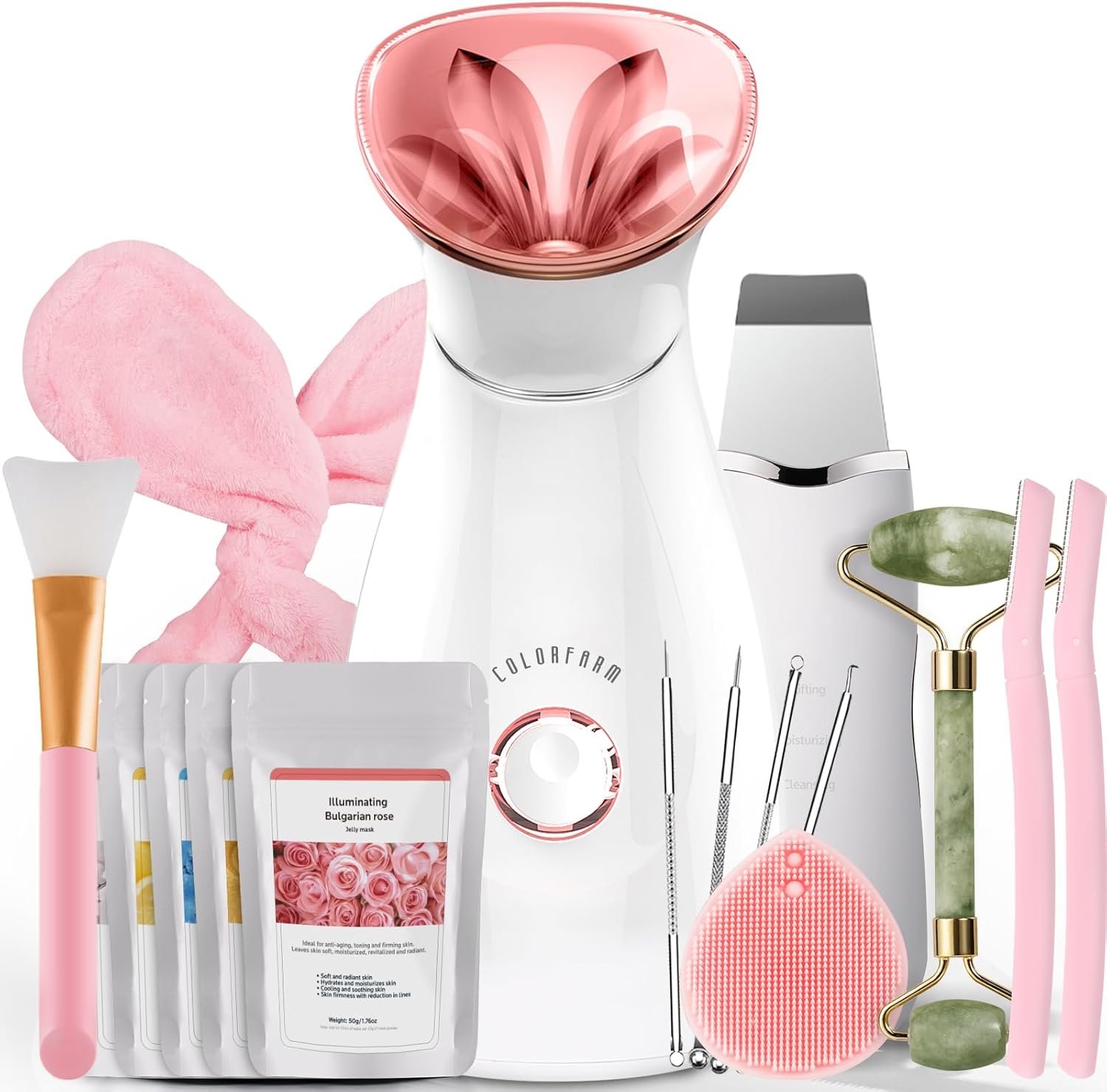 Colorfarm Facial Steamer Nano Ionic: Face Steamer Home Spa Kit Deep Cleaning Unclogs Pores Sinuses Inhaler with 8 Skin Care Tools – Self Care Gifts for Women (Deep Cleansing Facial Kit)