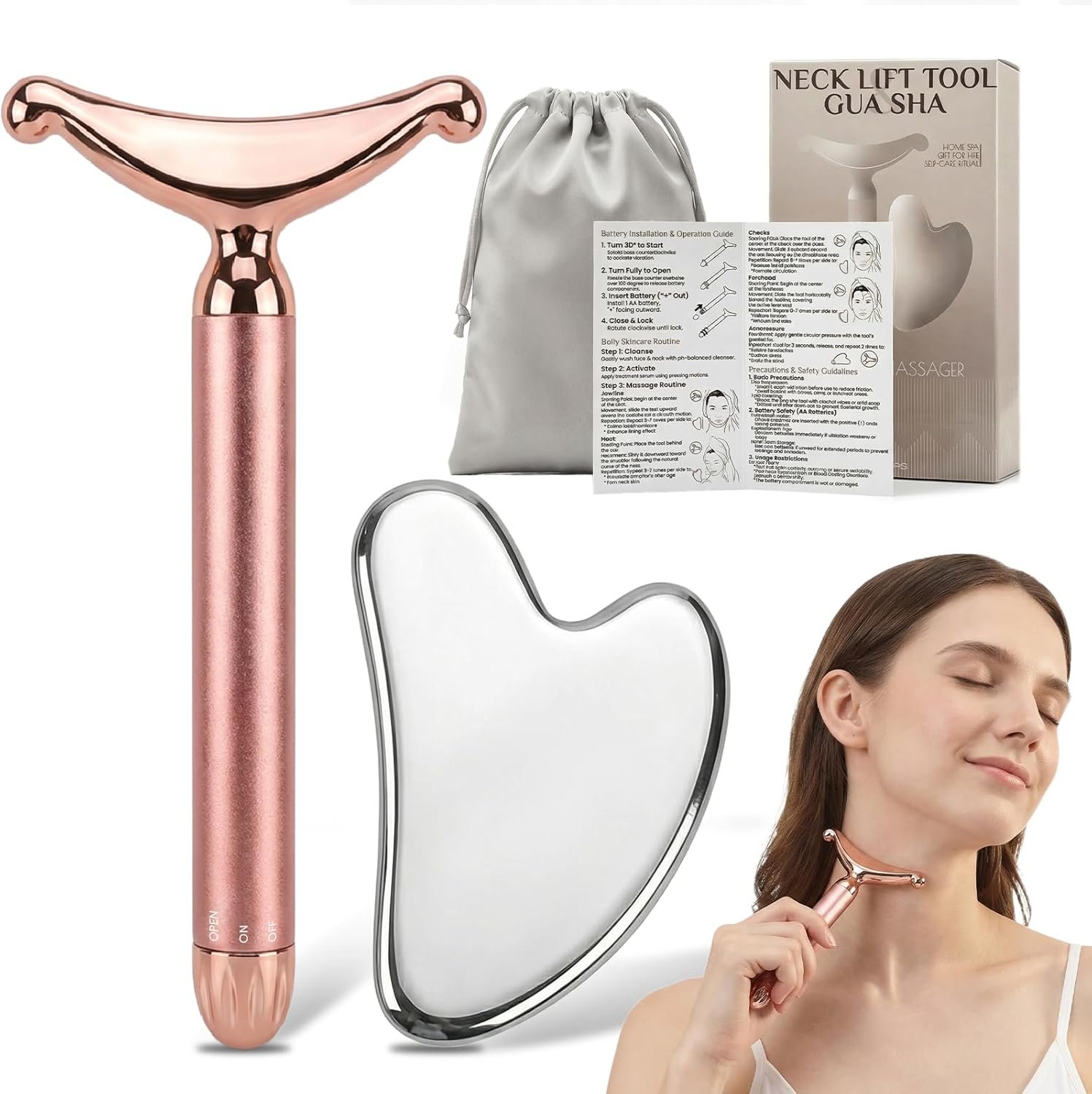 Rena Chris Gua Sha & Neck Lift Tool – Manual Face Massager & Jawline Sculptor for Puffiness – Handheld Stainless Steel Set for Skin Firming & Fine Lines