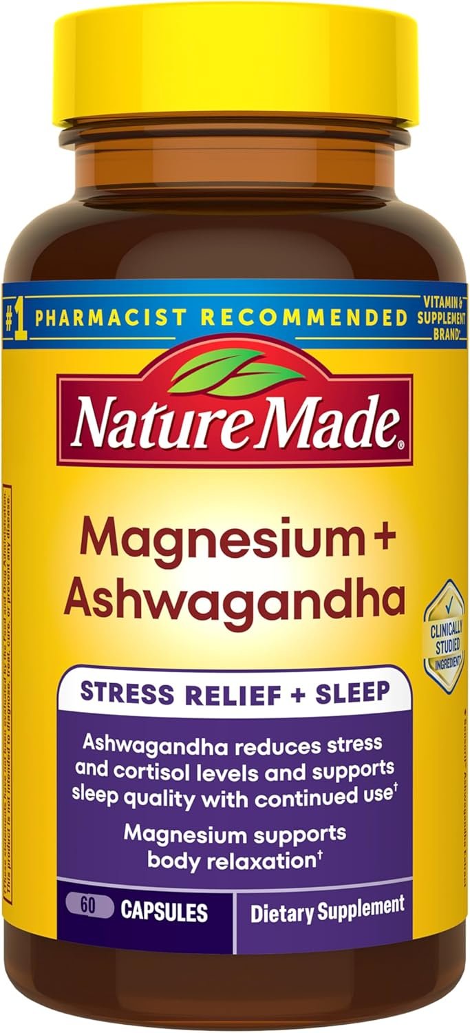 Nature Made Magnesium + Ashwagandha Capsules, Stress Relief and Sleep Support, Magnesium 300 mg and Ashwagandha Supplements, 60 Capsules, 30 Day Supply