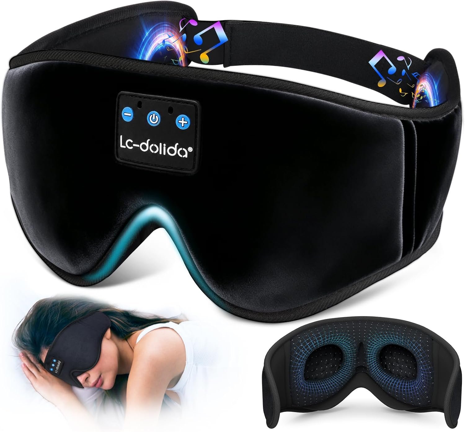 LC-dolida Sleep Headphones, 3D Sleep Mask Bluetooth Wireless Music Eye Mask, Sleeping Headphones for Side Sleepers Sleep Mask with Bluetooth Headphones Ultra-Thin Stereo Speakers Perfect for Sleeping