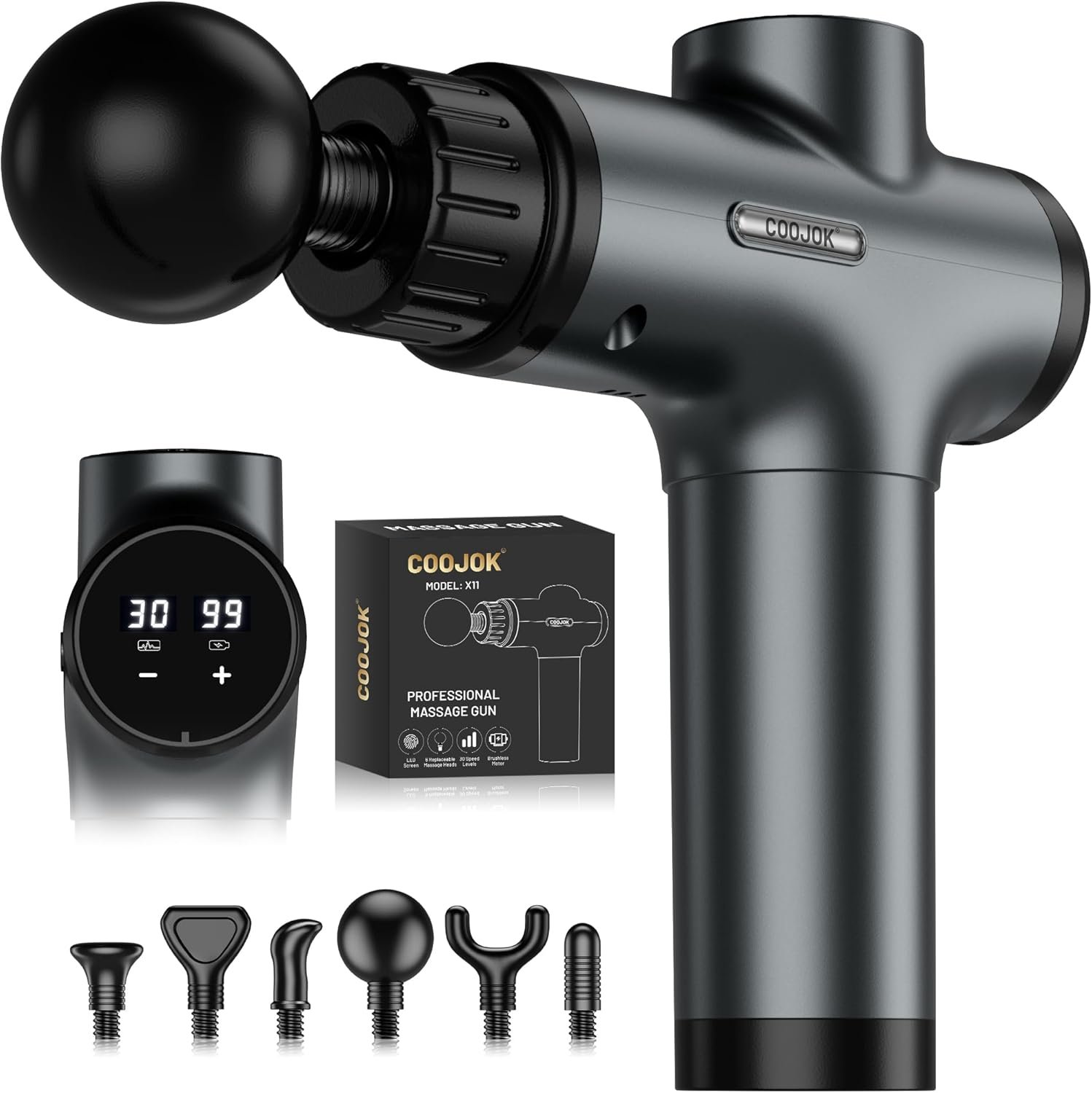 COOJOK® Massage Gun Deep Tissue, Handheld Electric Muscle Massager with 6 Massage Heads, 30 Speed Levels, Percussion Massager Gun for Pain Relief, Back Massager for Athletes Men Women