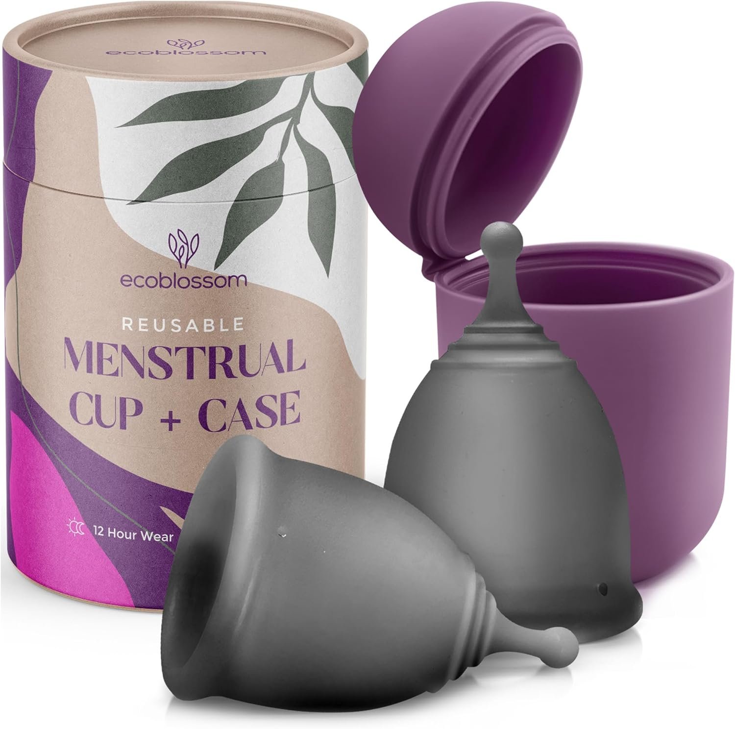 EcoBlossom Reusable Menstrual Cup and Case – The Most Reliable Medical Grade Silicone Period Cups – Comfortably use for 12 Hours (Small (Pack of 2), Gray Cup & Case)
