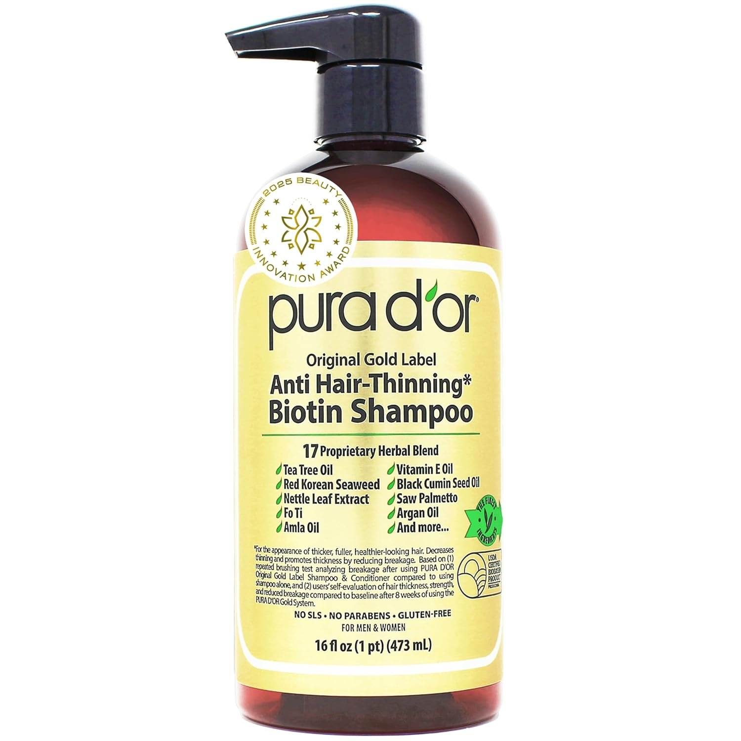 PURA D’OR Original Gold Label Anti-Thinning Shampoo – CLINICALLY TESTED – Natural Earthy Scent – Biotin & Argan Oil – Sulfate-Free Strengthening & Volumizing for Fuller-Looking Hair, Men & Women 16 oz