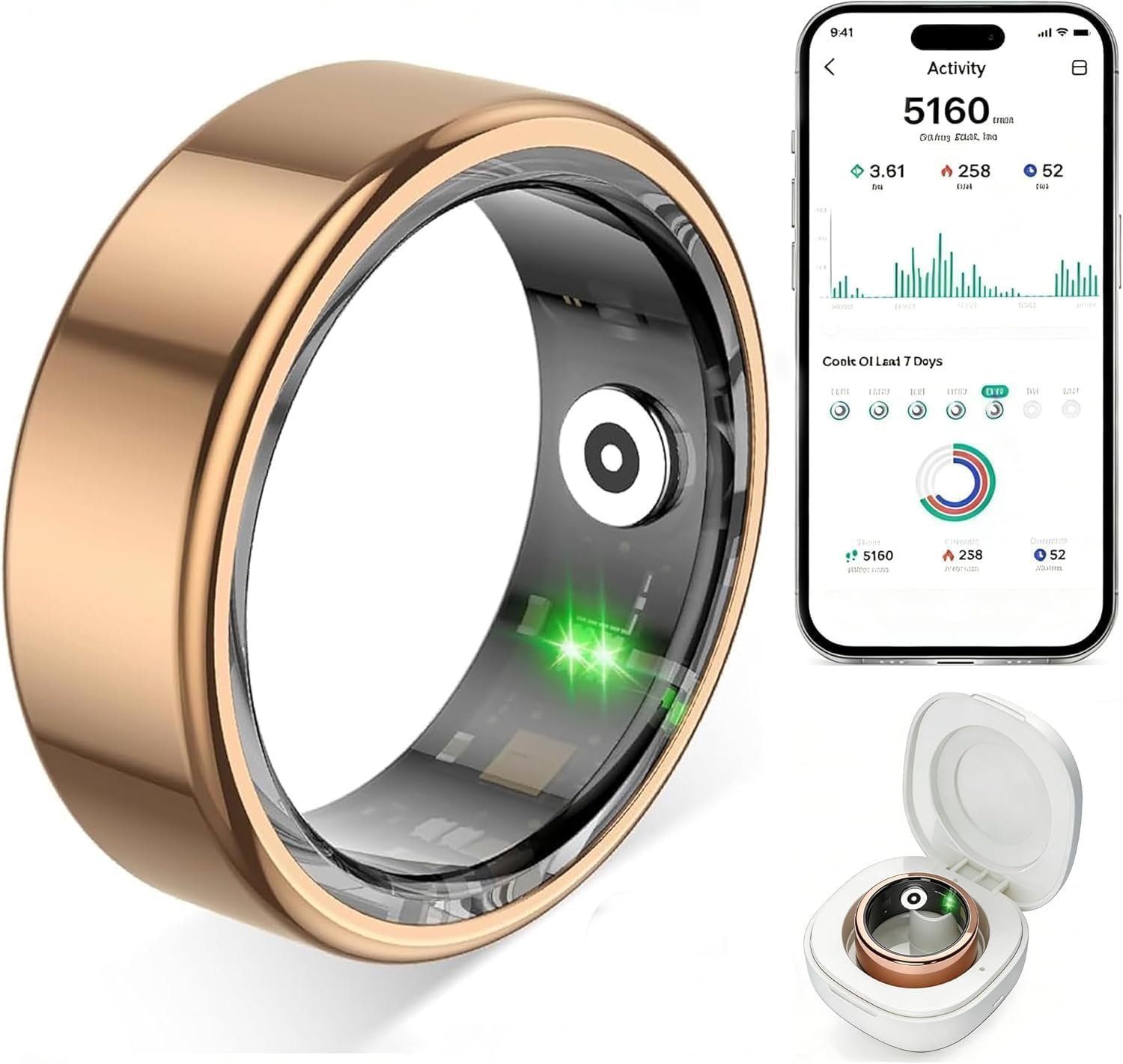 Smart Ring for Women Men,Fitness Tracker Ring with Heart Rate, Sleep Monitoring, Blood Oxygen, Step Counting for iOS and Android, No Subscription Fee, Waterproof (Gold,9)