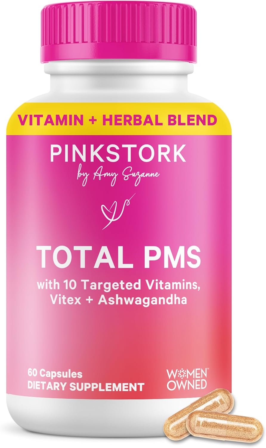 Pink Stork PMS Supplement for Women – Vitex, Ashwagandha, Maca Root & 10 Vitamins & Minerals to Support Hormone Balance, Mood, Bloating, Period Regularity – 60 Capsules