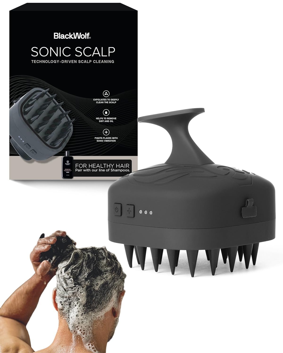 Black Wolf Sonic Scalp Scrubber – Electric Hair & Scalp Massager Brush with 3-Speed Oscillation – Rechargeable Shower Brush & Head Scrubber with Soft Silicone Bristles for Deep Clean & Exfoliation