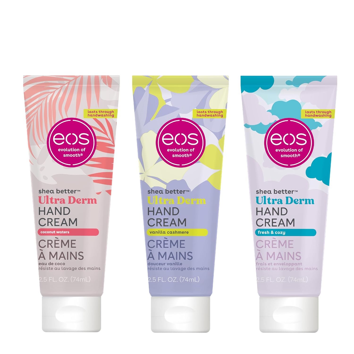 Bundle of eos Shea Better Hand Cream – Vanilla Cashmere + Fresh & Cozy + Coconut- Natural Shea Butter Hand Lotion and Skin Care, 24 Hour Hydration with Shea Butter & Oil, 2.5 oz, Packaging May Vary