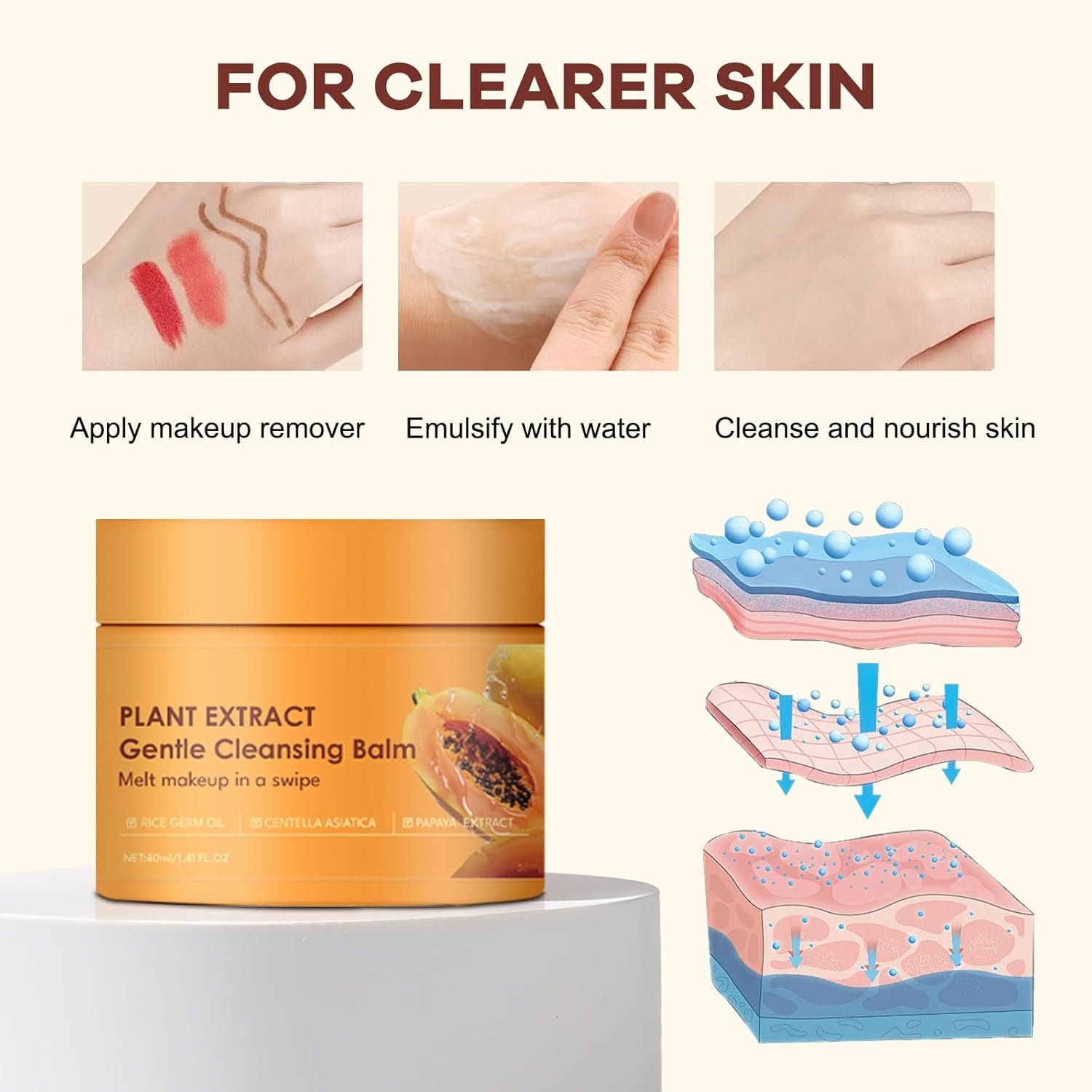 2-in-1 Cleansing Balm Makeup Remover with Papaya Extract & Rice Germ Oil, Gentle Exfoliator, Face Cleanser for Women & Makeup Remover Balm for All Skin Types 1.41 FI.0Z