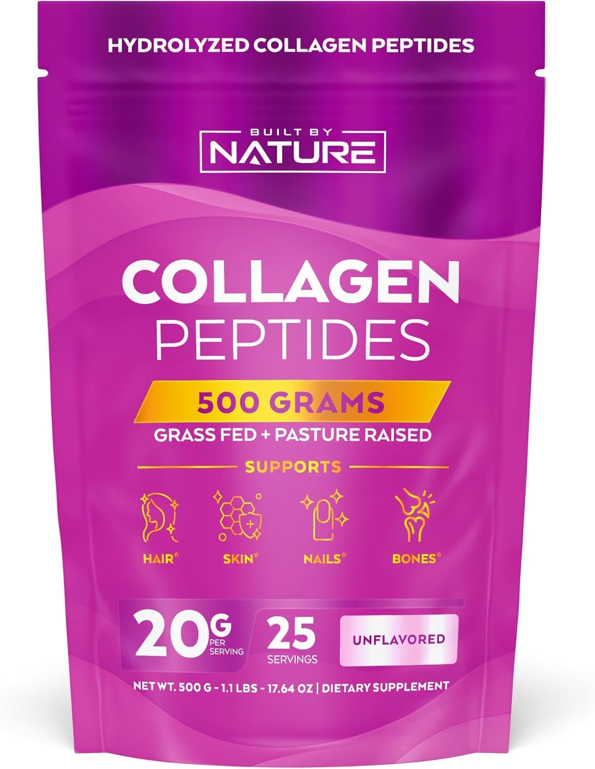 Collagen Peptides Powder – Hydrolyzed Collagen Protein for Women – Platinum Grade with No Odor or Taste, Easy Mixing – Grass Fed, Non-GMO – Hair, Skin, Nails Supplement – Unflavored, 500 Grams