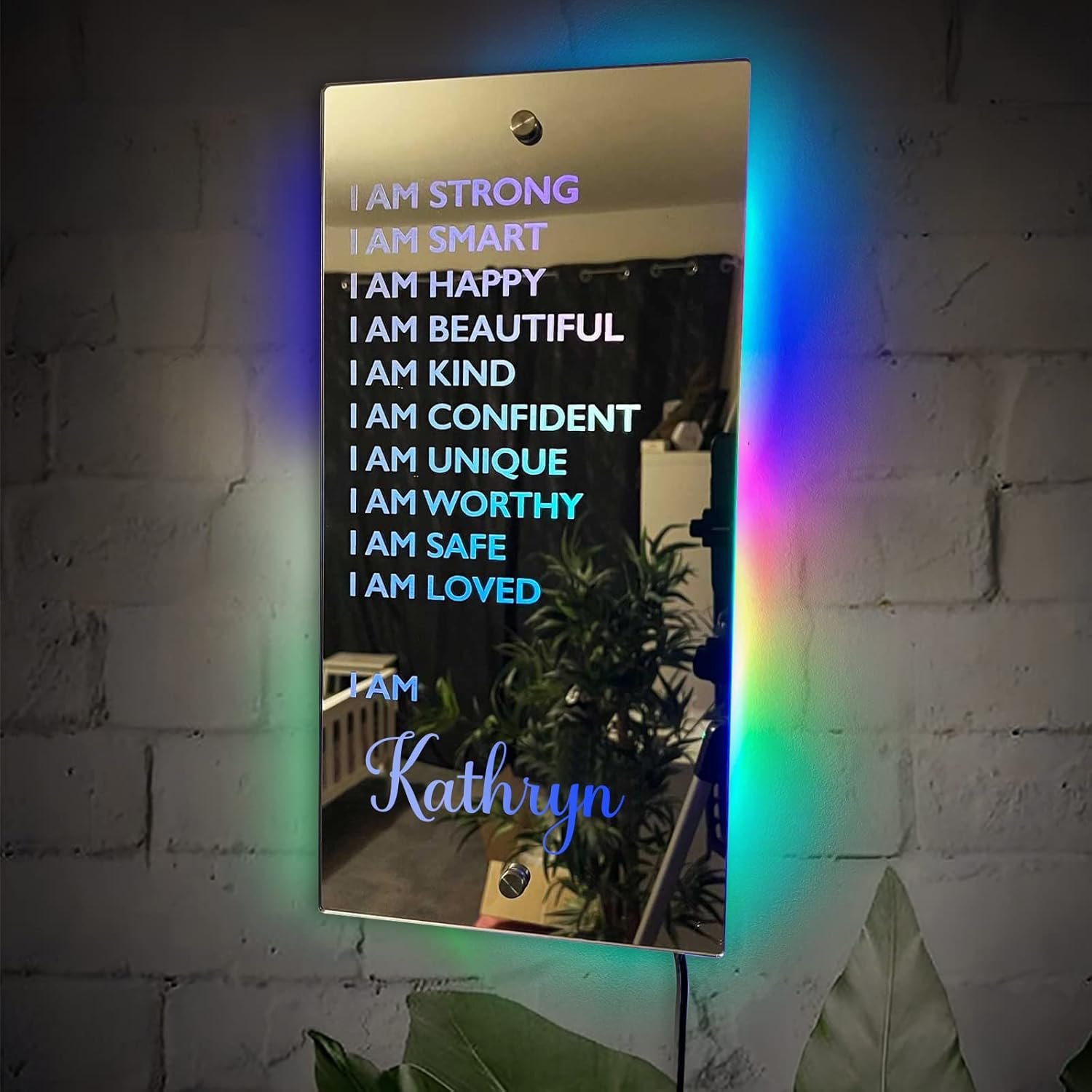 Personalized Affirmations Led Light – I Am Smart, Beautiful, Happy & Confident – Women & Girls Quote Mirror (Name Mirror)