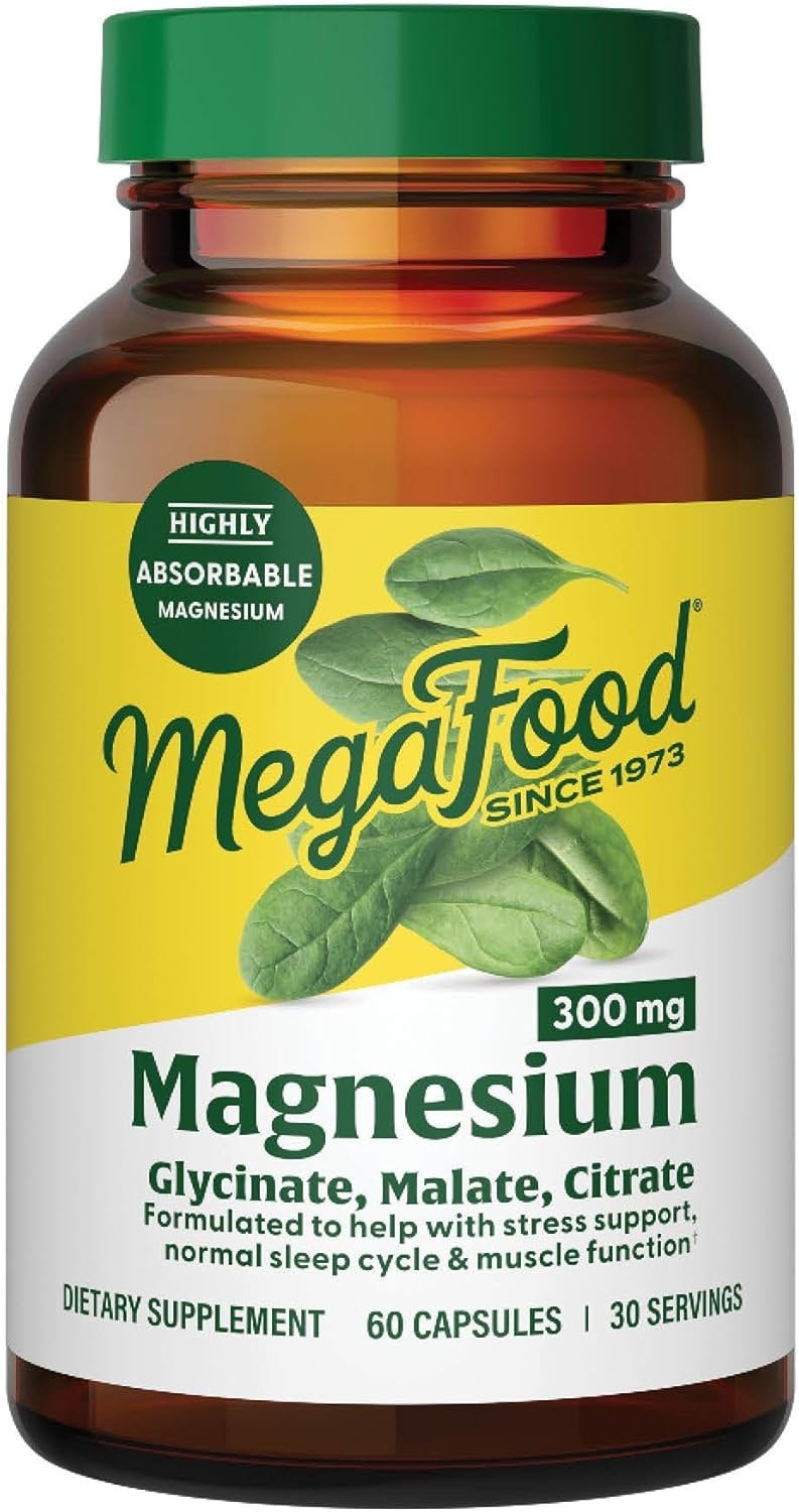 MegaFood Magnesium Glycinate, Citrate, Malate 300mg Supplement – Highly Absorbable Blend to Support Heart, Nerve Health & Relaxation, Triple Magnesium Complex Supplement, 60 Capsules (30 Servings)