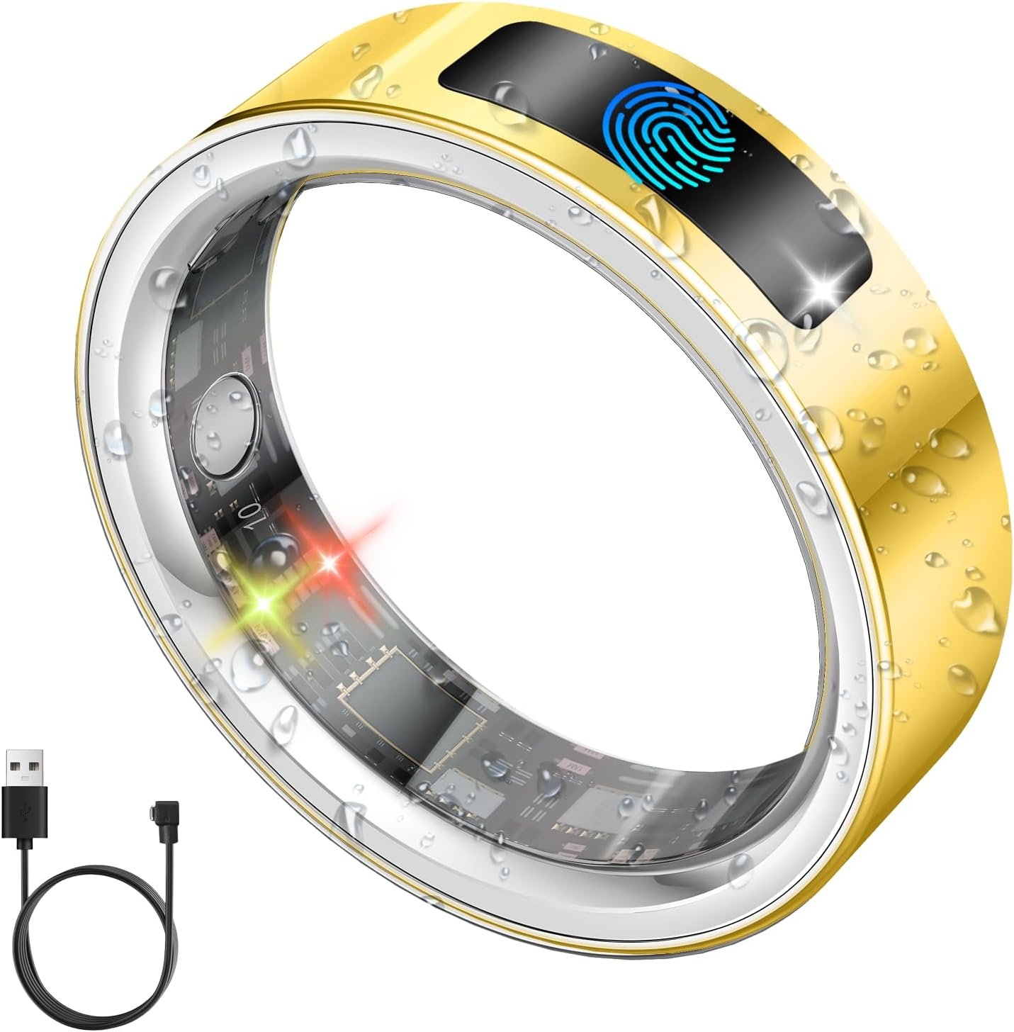 uaue Smart Health Ring for Women Men, Vibration Alert, Touch Control, Fitness Tracker Ring with Sleep/Women’s Health/Heart Rate/Steps, IP68 Waterproof for iPhone and Android, Gold 9, No Subscription