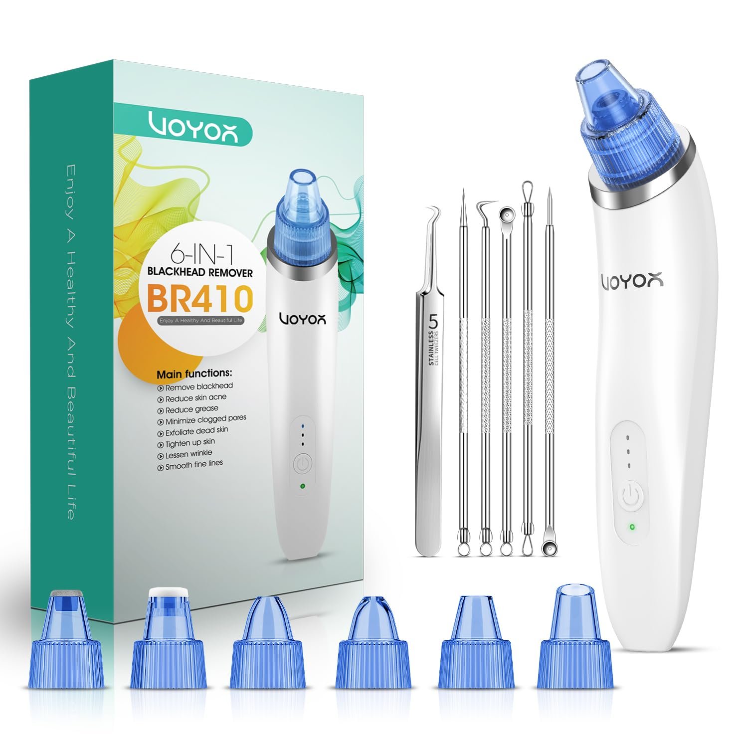 VOYOR Blackhead Remover Pore Vacuum – Electric Face Vacuum Pore Cleaner Acne White Heads Removal with 6 Suction Heads (BR410)