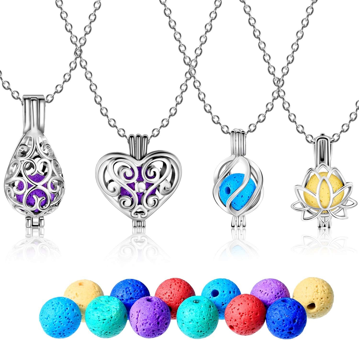 Blulu 4 Pcs Aromatherapy Essential Oil Diffuser Necklace for Women with 24 Pcs Refilled Scent Perfume Necklace Stainless Steel Locket Pendant Lava Stone Diffuser for Men Women Jewelry Birthday Gift