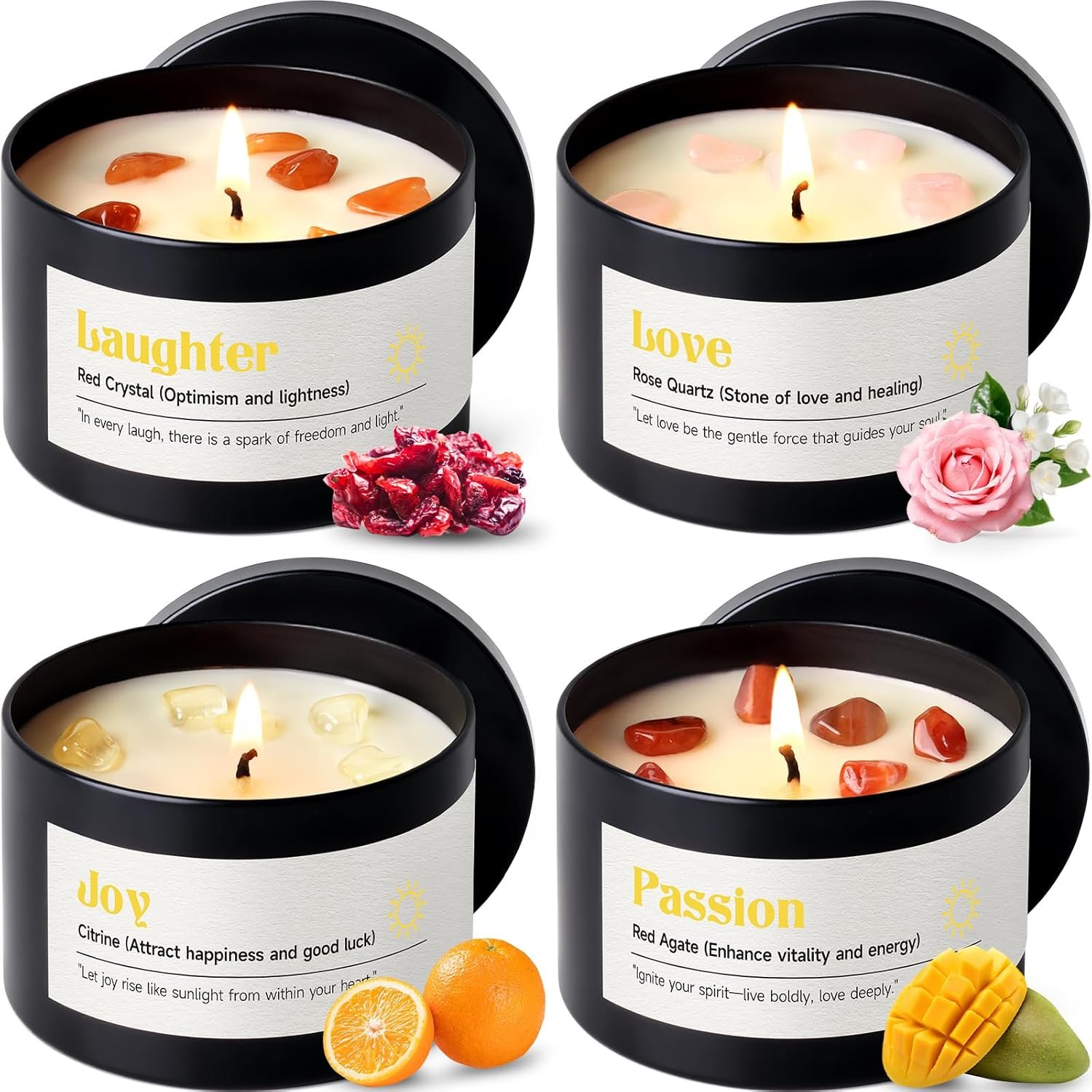 AOOVOO Crystal Energy Candles Set for Women – 4 Pack 26 oz Soy Wax Candles for Home Scented, 200 Hour Long Lasting Candle, Laughter Red Crystal/Love Rose Quartz/Joy Citrine/Passion Red Quartz